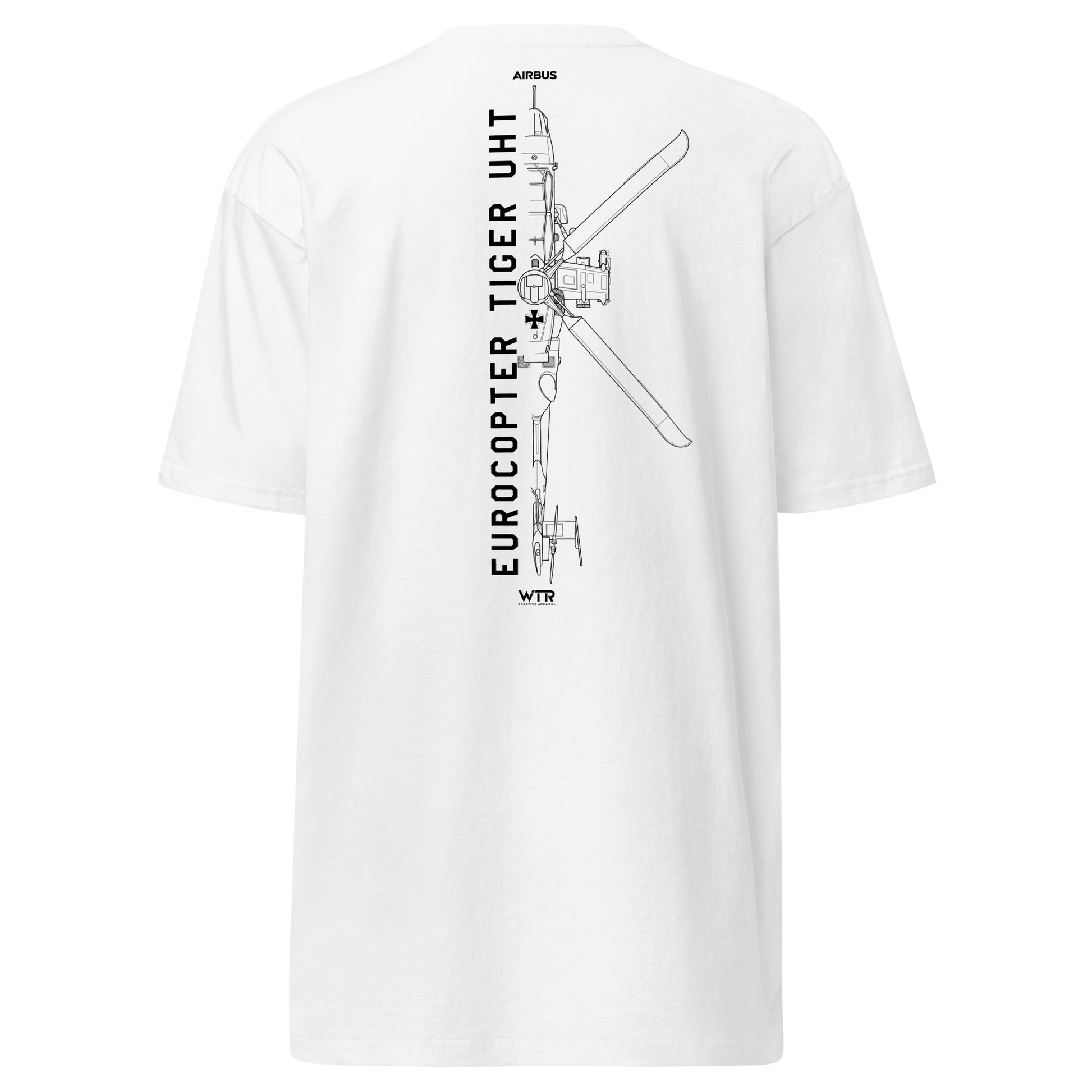 Hand-drawn technical schematic of the Eurocopter Tiger UHT attack helicopter printed on a premium t-shirt.