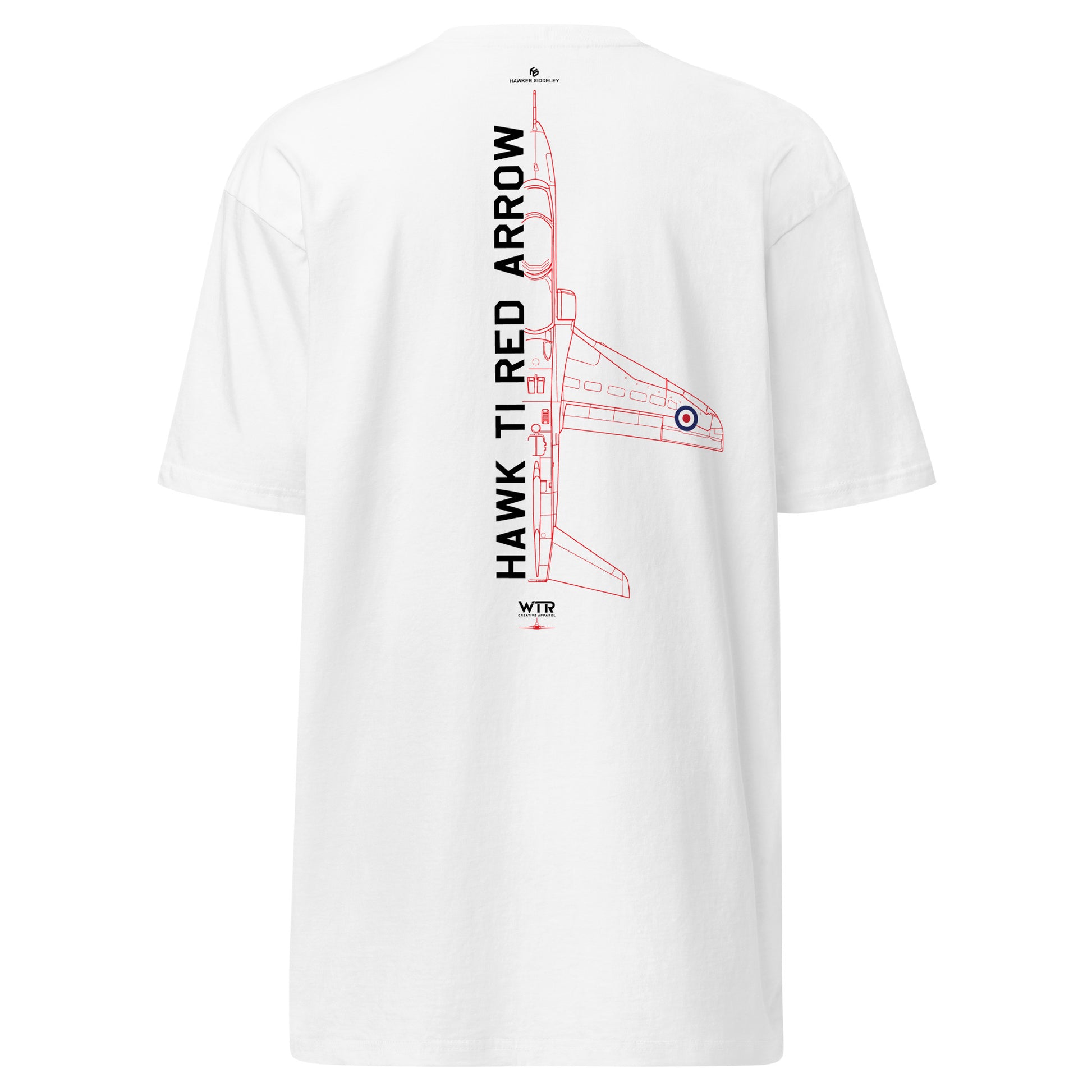 Hand-drawn schematic of the BAE Hawk T1 in Royal Air Force Red Arrows display team livery on a premium t-shirt.