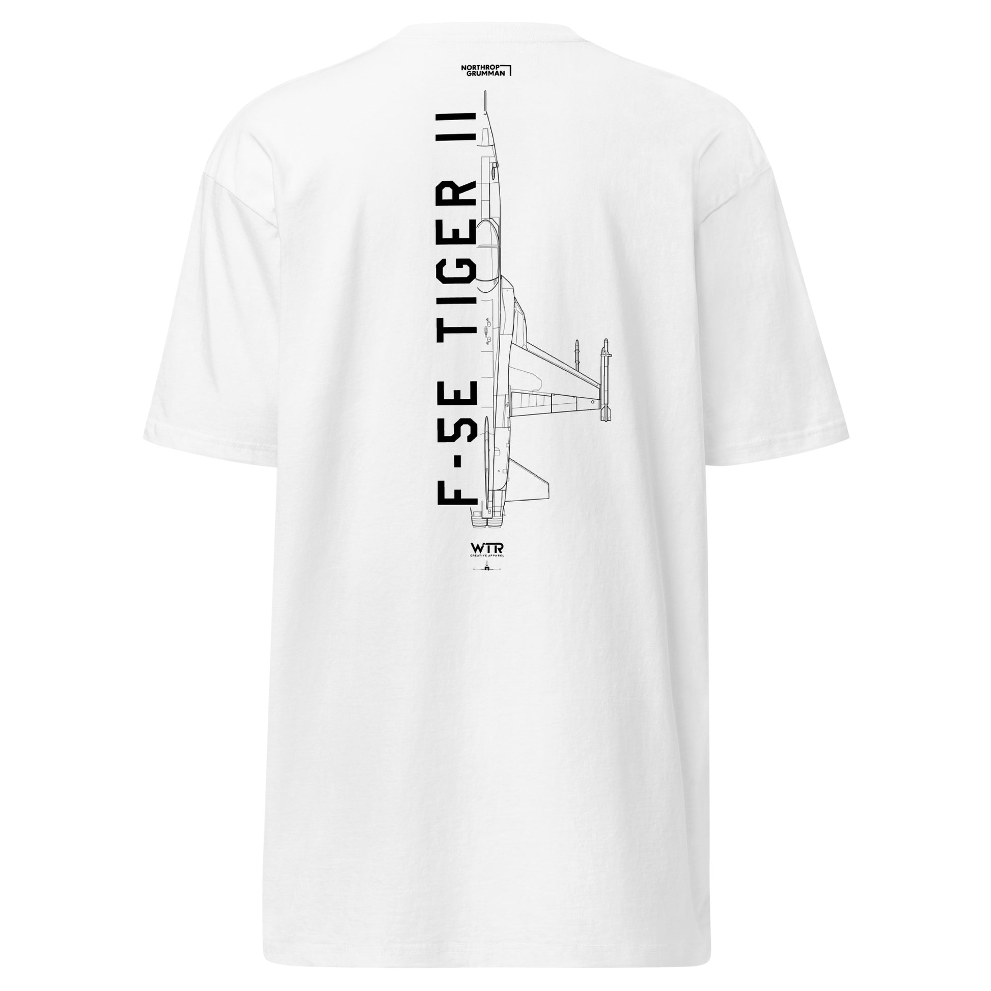 Hand-drawn technical schematic of the Northrop F-5E Tiger II Cold War fighter jet printed on a premium t-shirt.