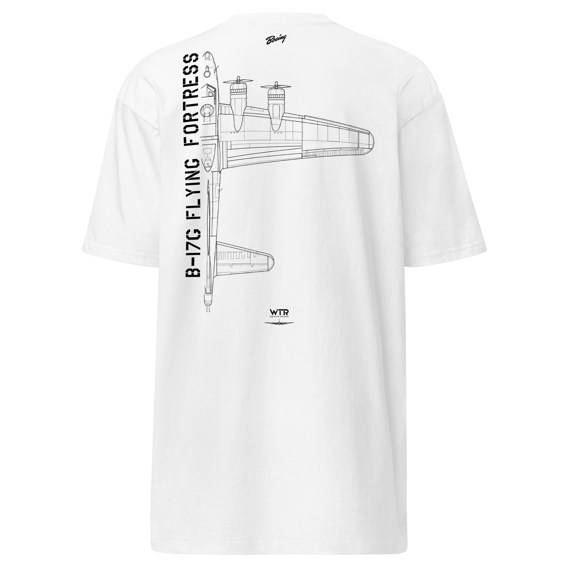 Hand-drawn technical schematic of the Boeing B-17G Flying Fortress WWII heavy bomber on a premium t-shirt.