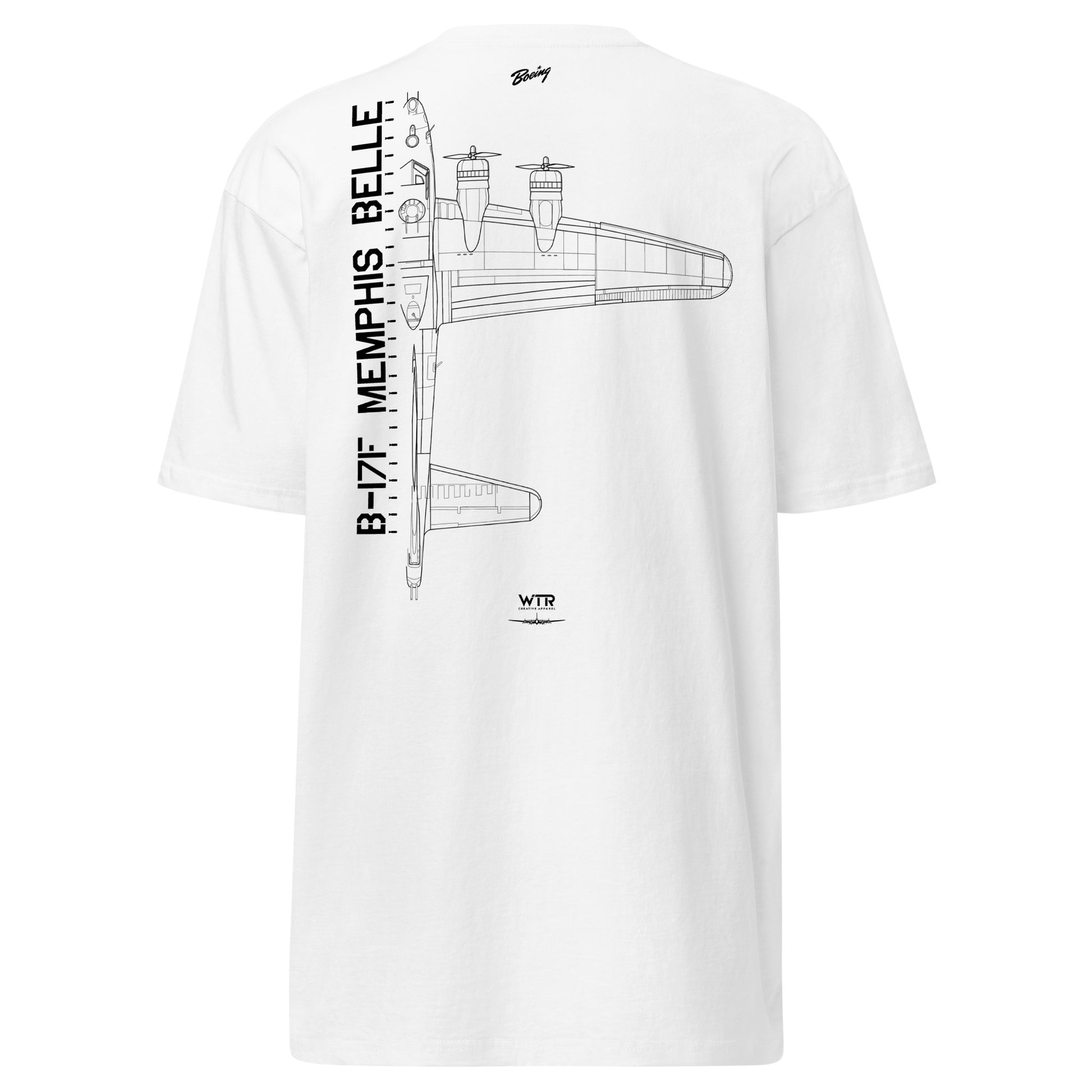 Hand-drawn technical schematic of the Boeing B-17F Flying Fortress WWII heavy bomber on a premium t-shirt.