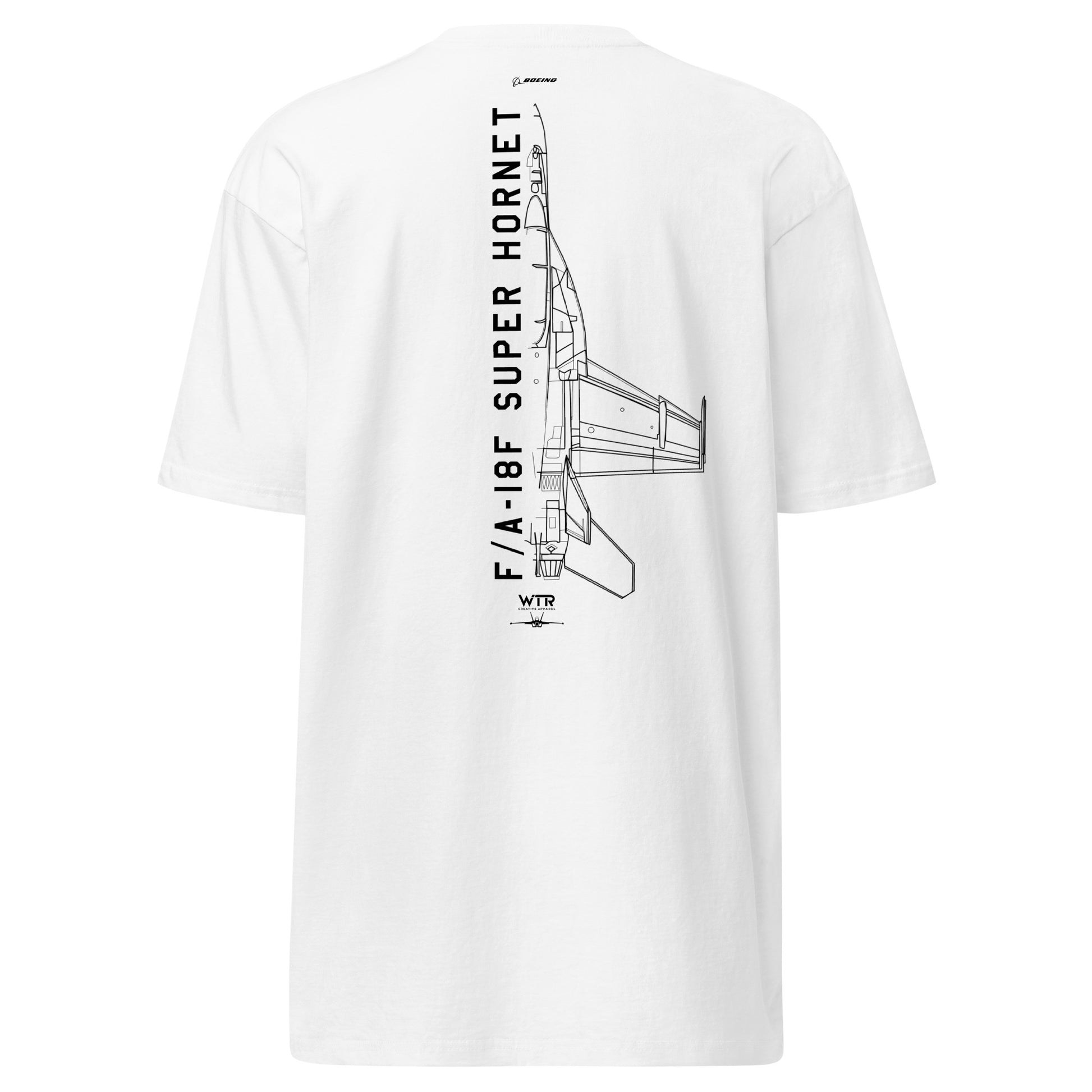 Hand-drawn technical schematic of the Boeing F/A-18F Super Hornet naval fighter printed on a premium t-shirt.
