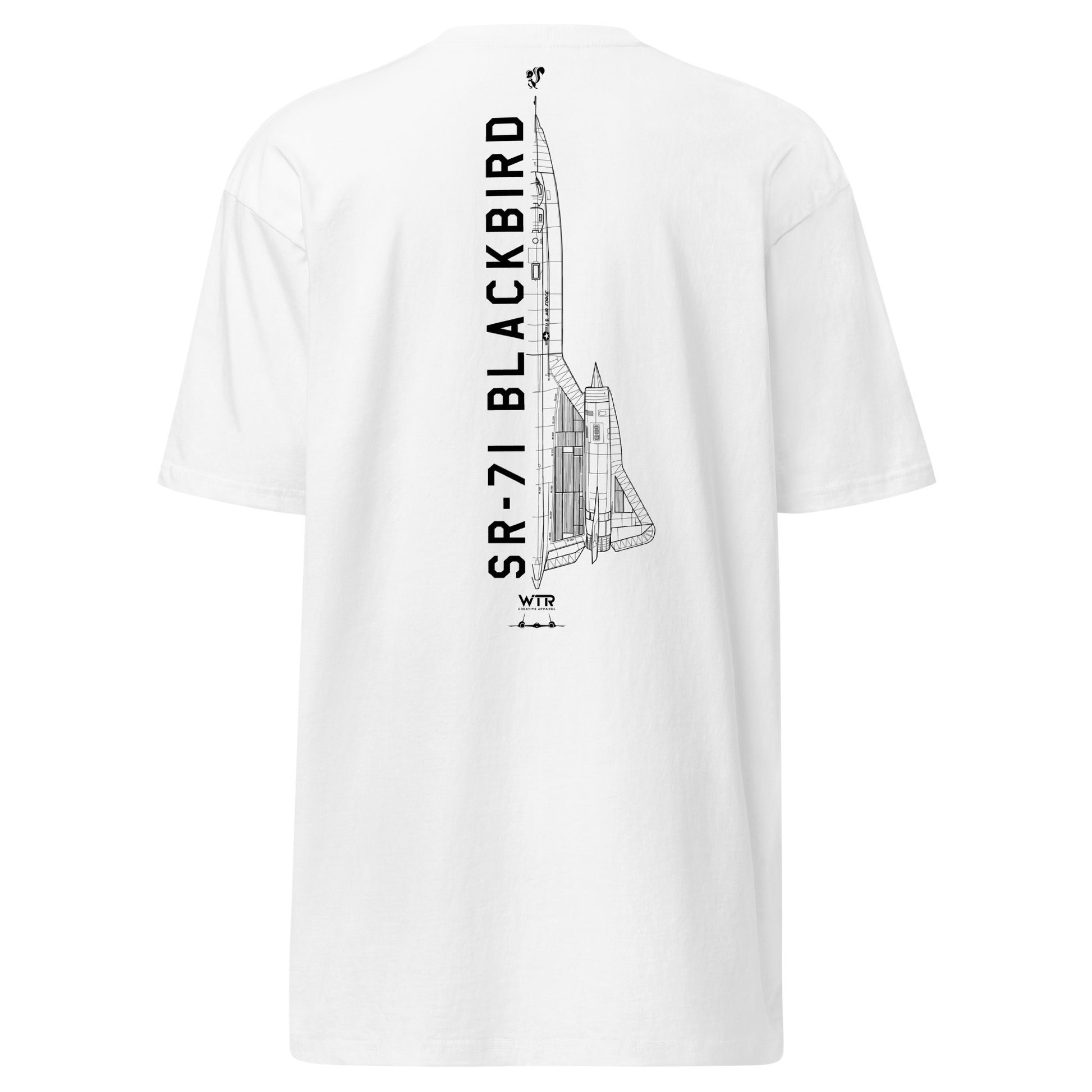Hand-drawn technical schematic of the Lockheed Martin Skunk Works SR-71 Blackbird Habu on a premium t-shirt.