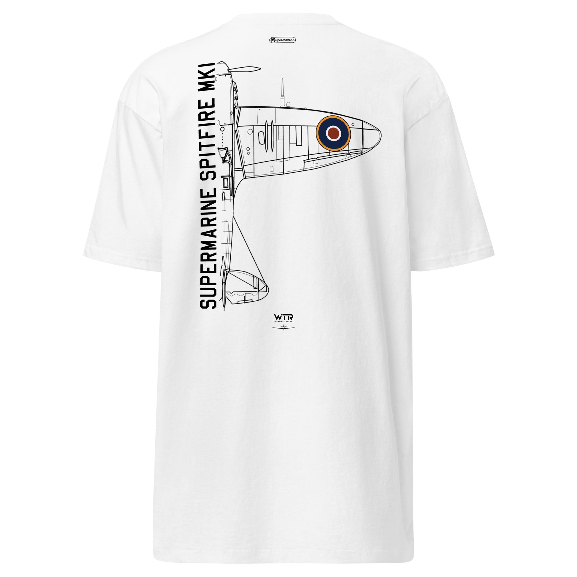 Hand-drawn schematic of the SUPERMARINE SPITFIRE MK1 printed on a heavyweight T-shirt.