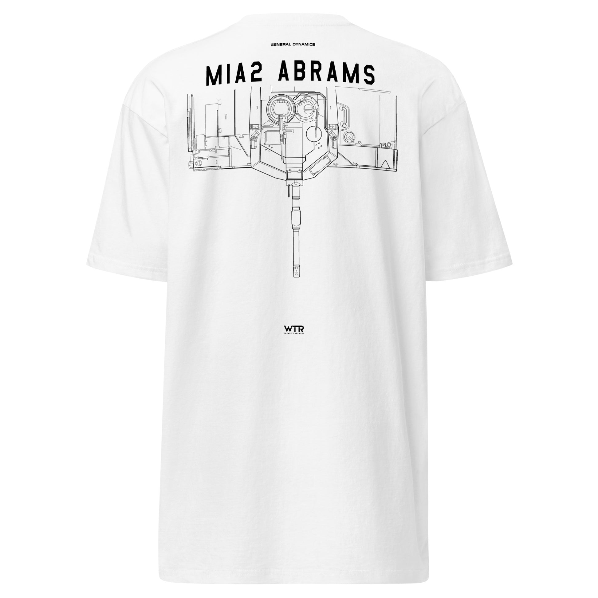 GENERAL DYNAMICS M1A2 ABRAMS TANK — hand-drawn main battle tank artwork printed on heavyweight T-shirt.