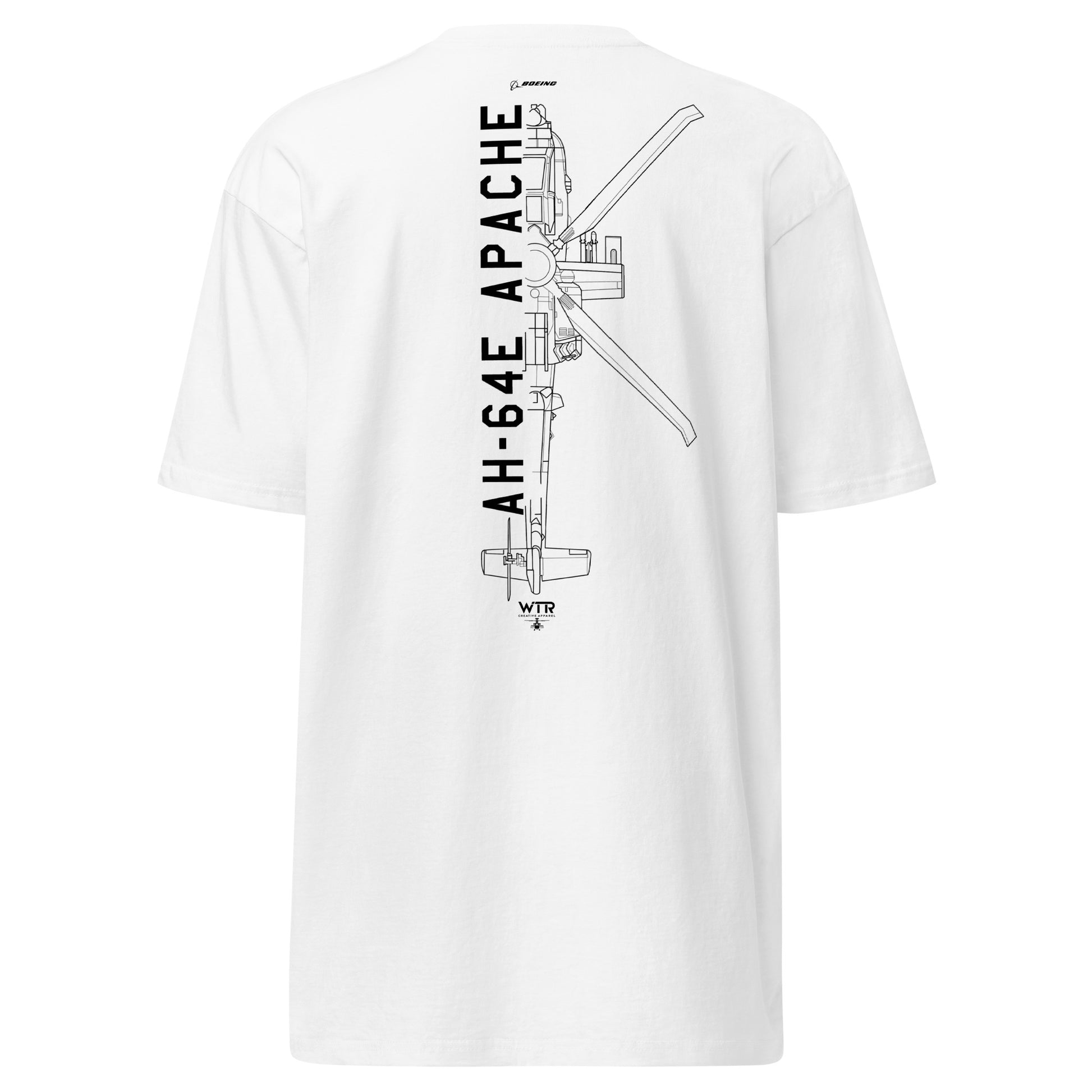 Hand-drawn technical schematic of the Boeing AH-64E Apache Guardian attack helicopter on a premium t-shirt.