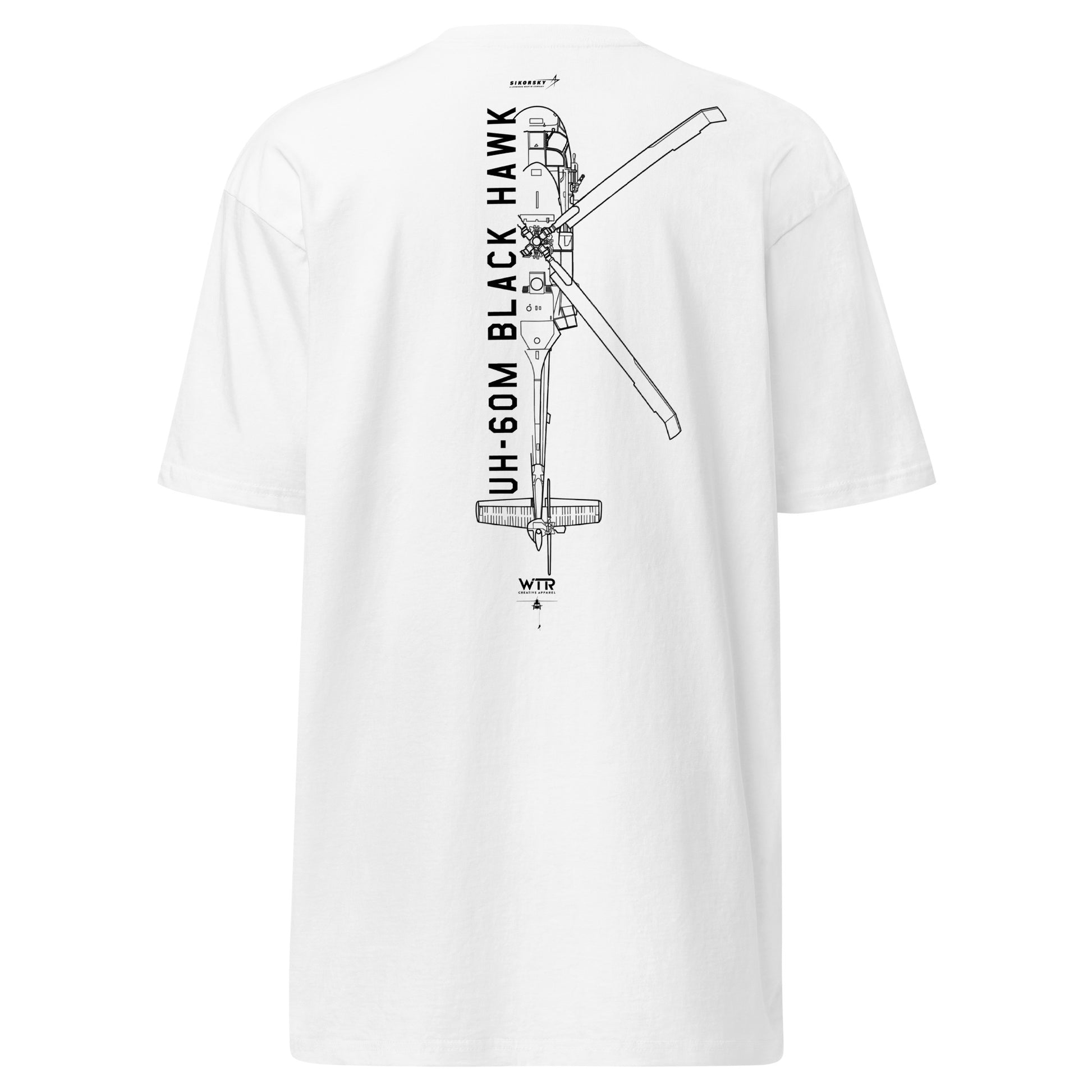 Hand-drawn technical schematic of the Sikorsky UH-60M Black Hawk military helicopter on a premium t-shirt.