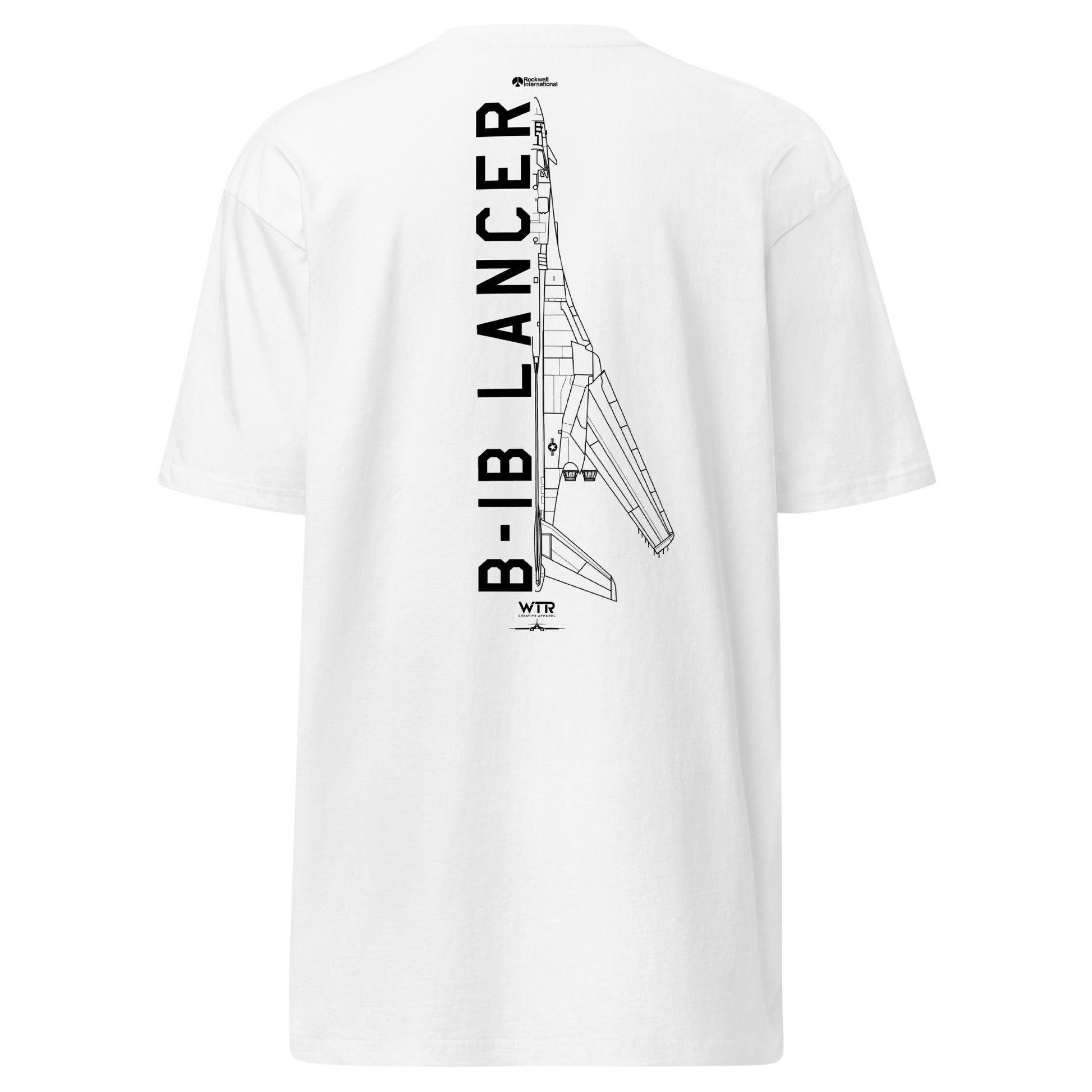 Hand-drawn technical schematic of the Rockwell B-1B Lancer BONE strategic bomber on a premium t-shirt.