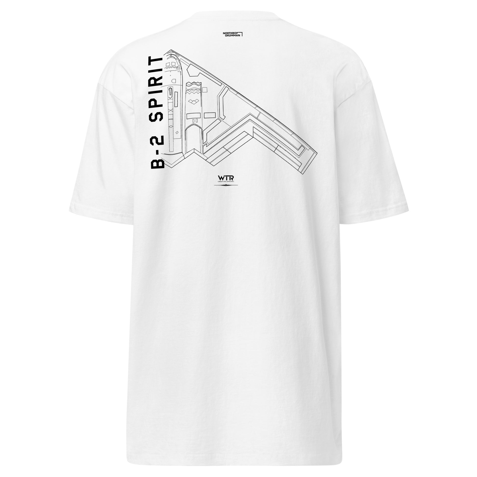 Hand-drawn technical schematic of the Northrop Grumman B-2 Spirit stealth bomber printed on a premium t-shirt.
