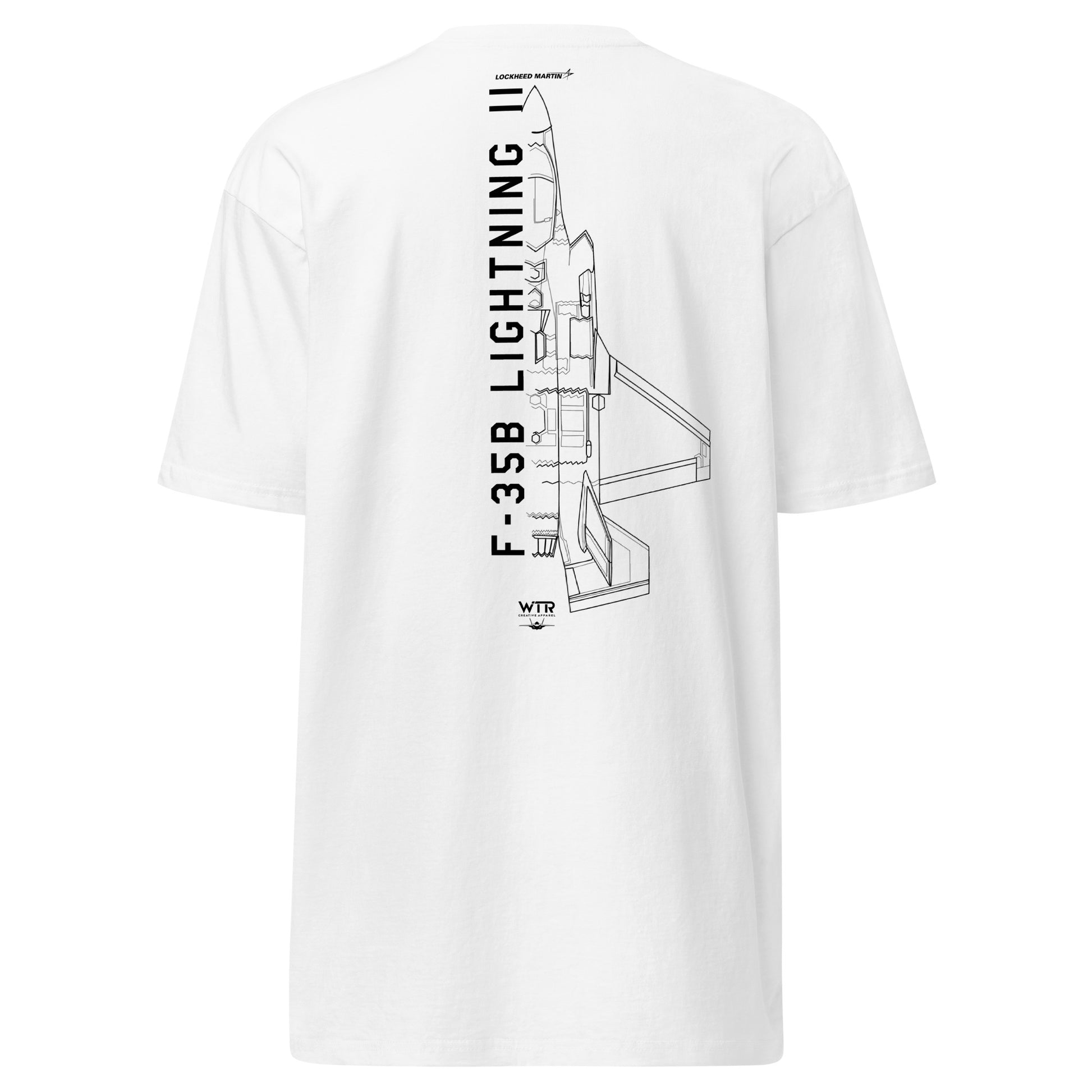 Hand-drawn technical schematic of the Lockheed Martin F-35B Lightning II (STOVL) multi-role fighter on a premium t-shirt.