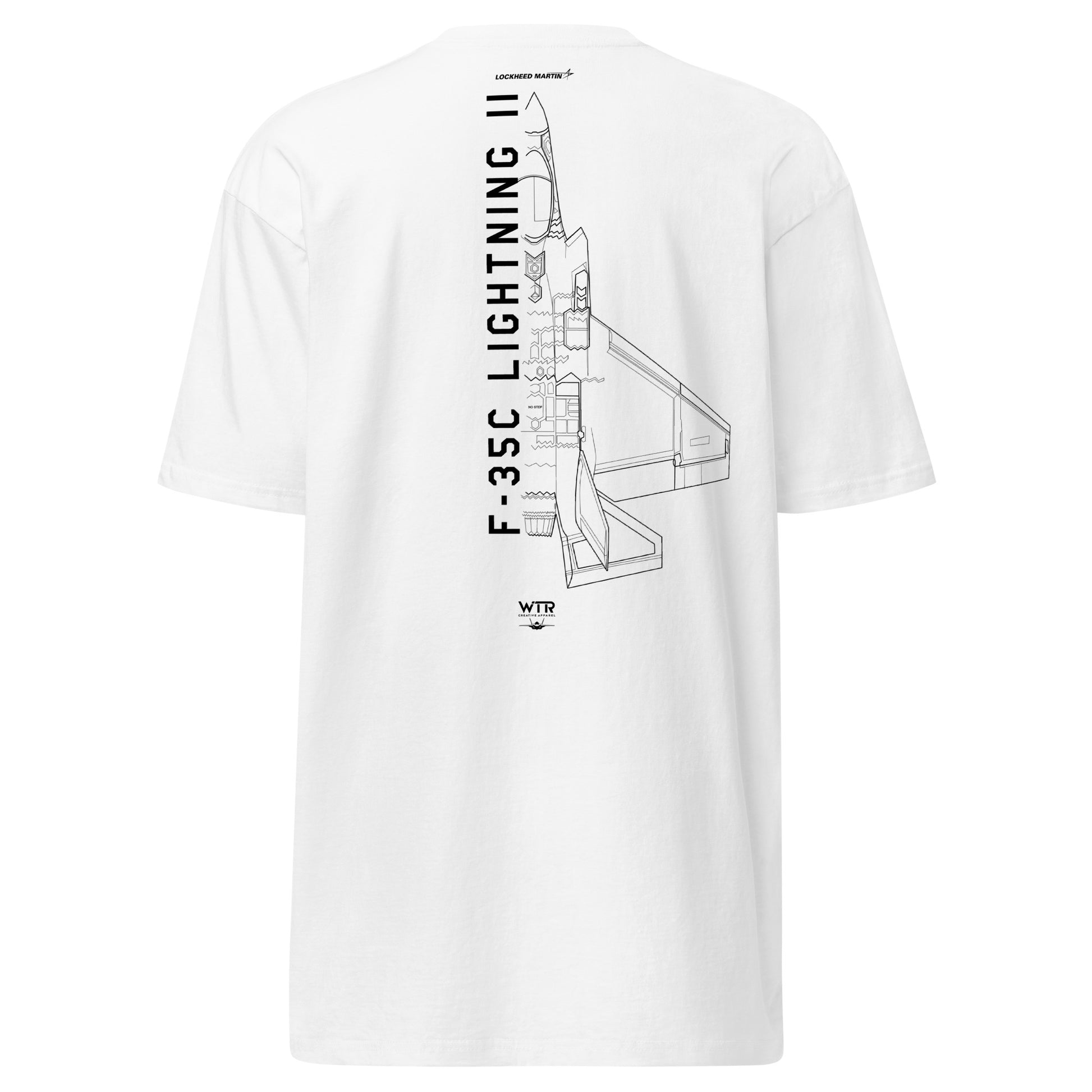 Hand-drawn technical schematic of the Lockheed Martin F-35C Lightning II (CATOBAR) carrier fighter on a premium t-shirt.