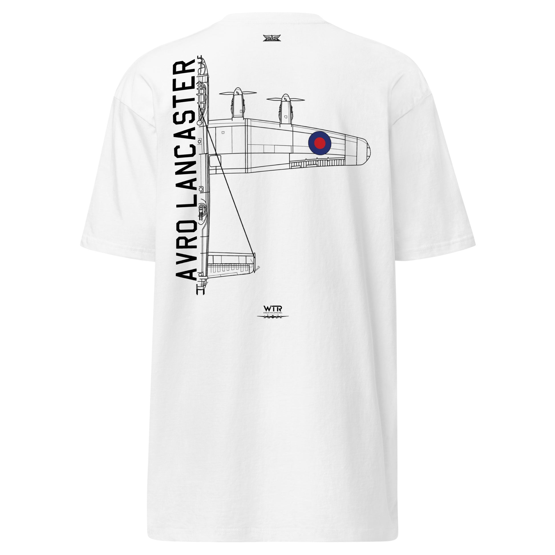 Hand-drawn technical schematic of the Avro Lancaster B Mk III WWII strategic bomber on a premium t-shirt.