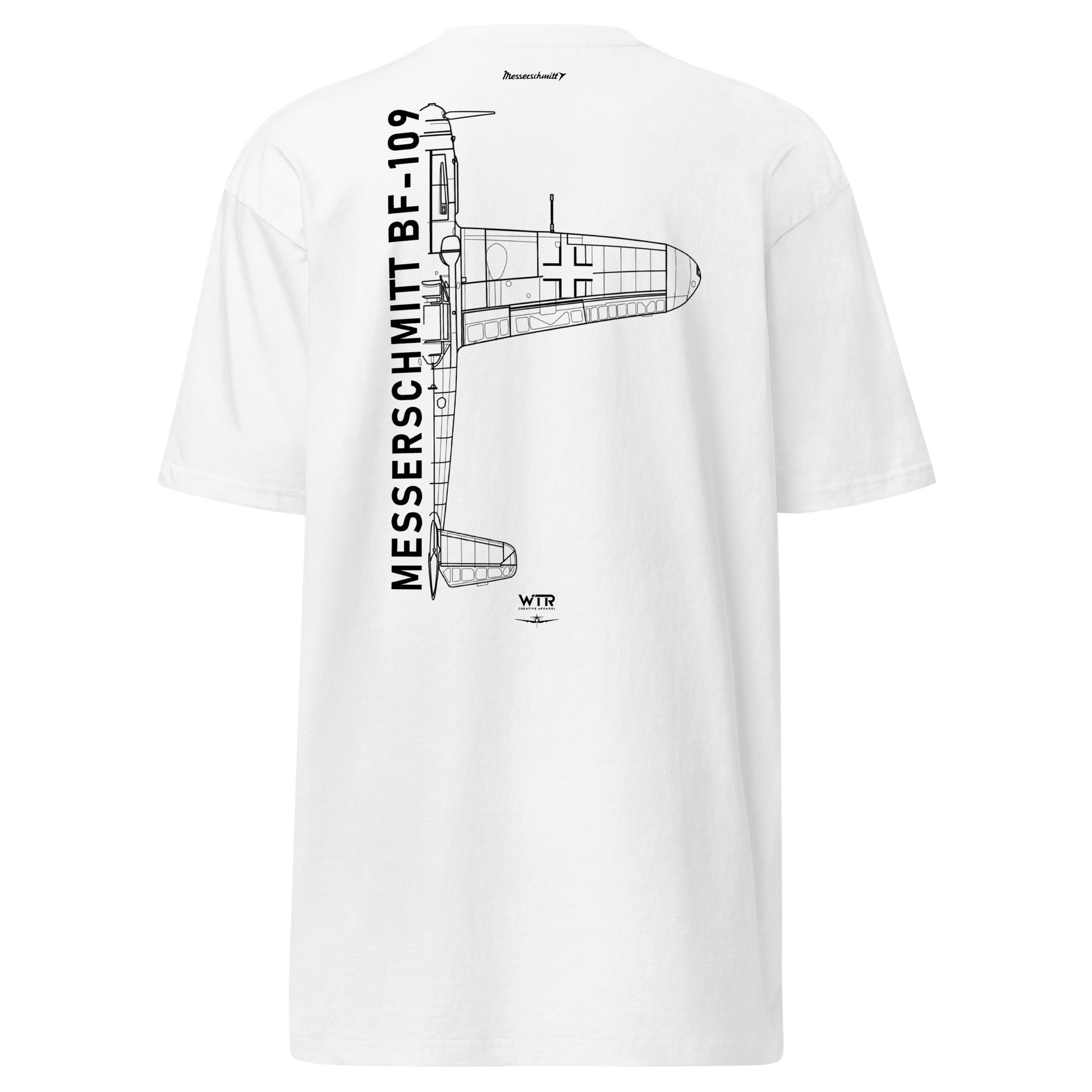 Hand-drawn technical schematic of the Messerschmitt BF-109 WWII Luftwaffe fighter printed on a premium t-shirt.