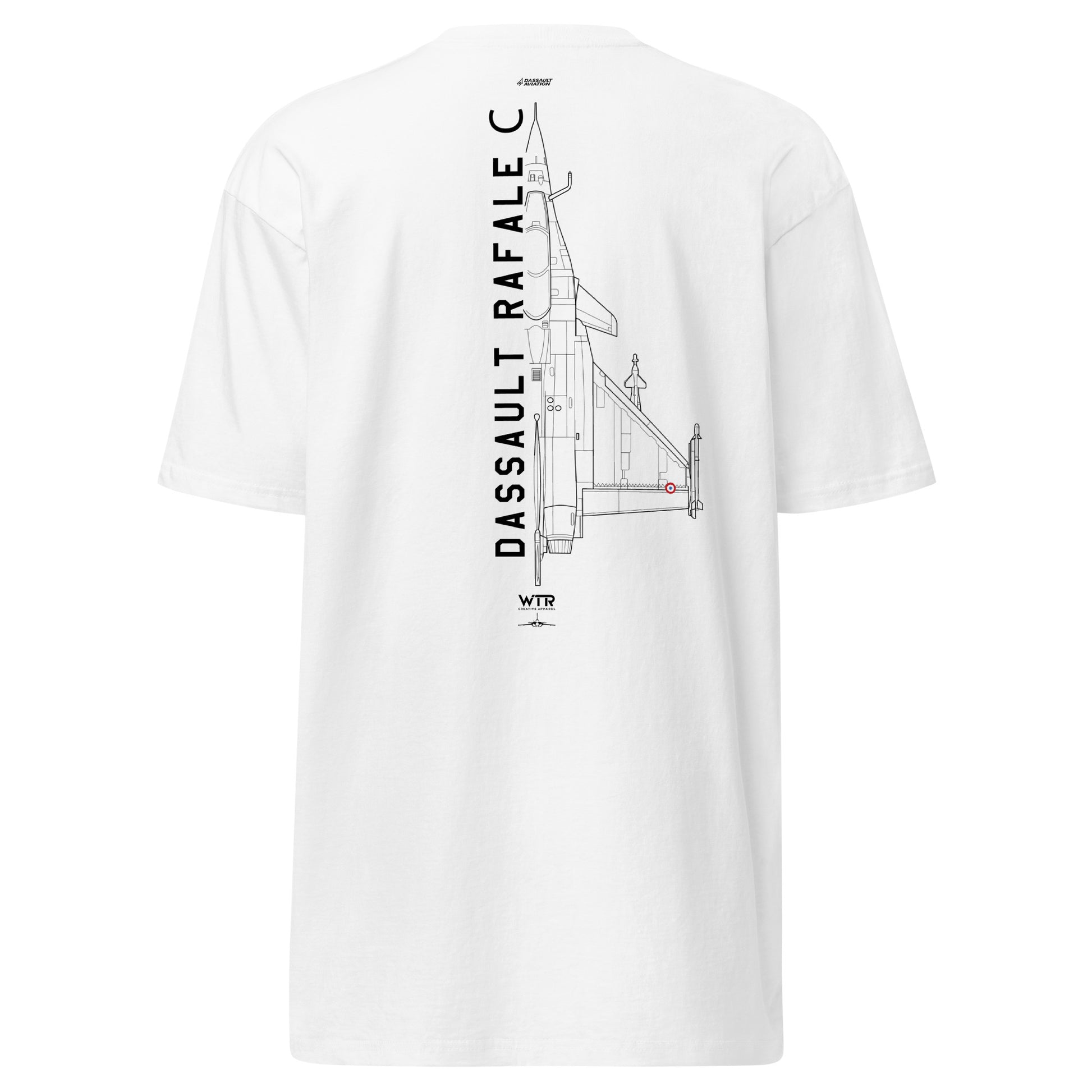 Hand-drawn technical schematic of the Dassault Rafale C French Air Force air supremacy fighter on a premium t-shirt.