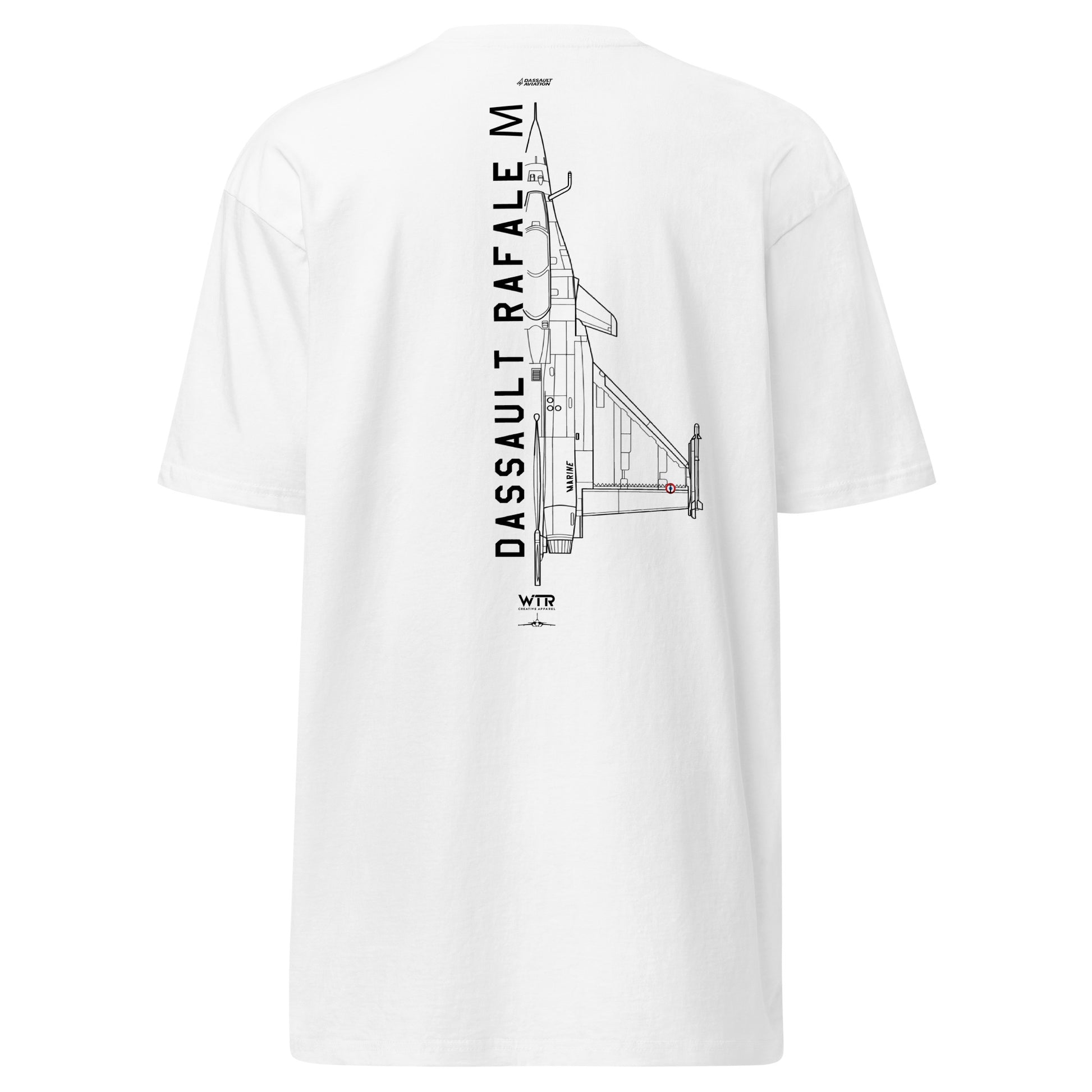 Hand-drawn technical schematic of the Dassault Rafale M Marine Nationale carrier fighter on a premium t-shirt.