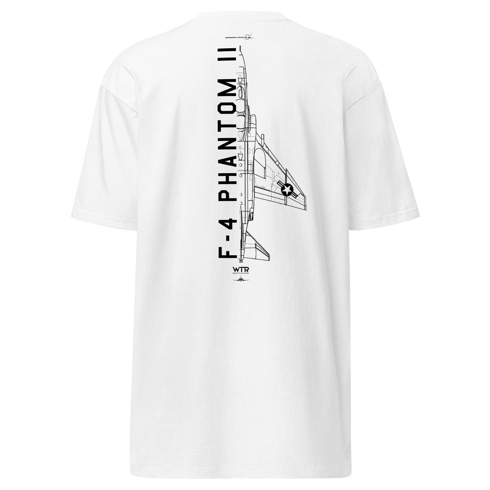 Hand-drawn technical schematic of the McDonnell Douglas F-4 Phantom II carrier-based interceptor on a premium t-shirt.