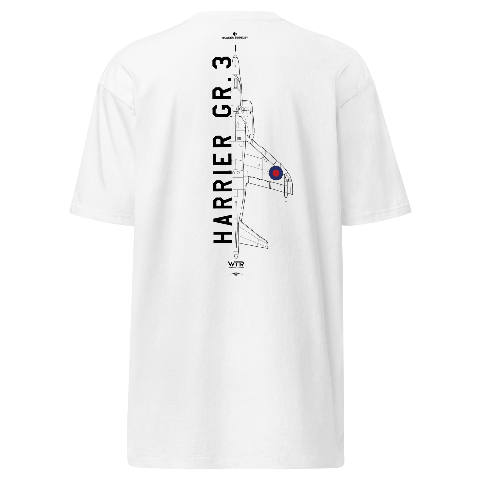 Hand-drawn technical schematic of the Hawker Harrier GR.3 RAF VTOL vertical takeoff jet on a premium t-shirt.