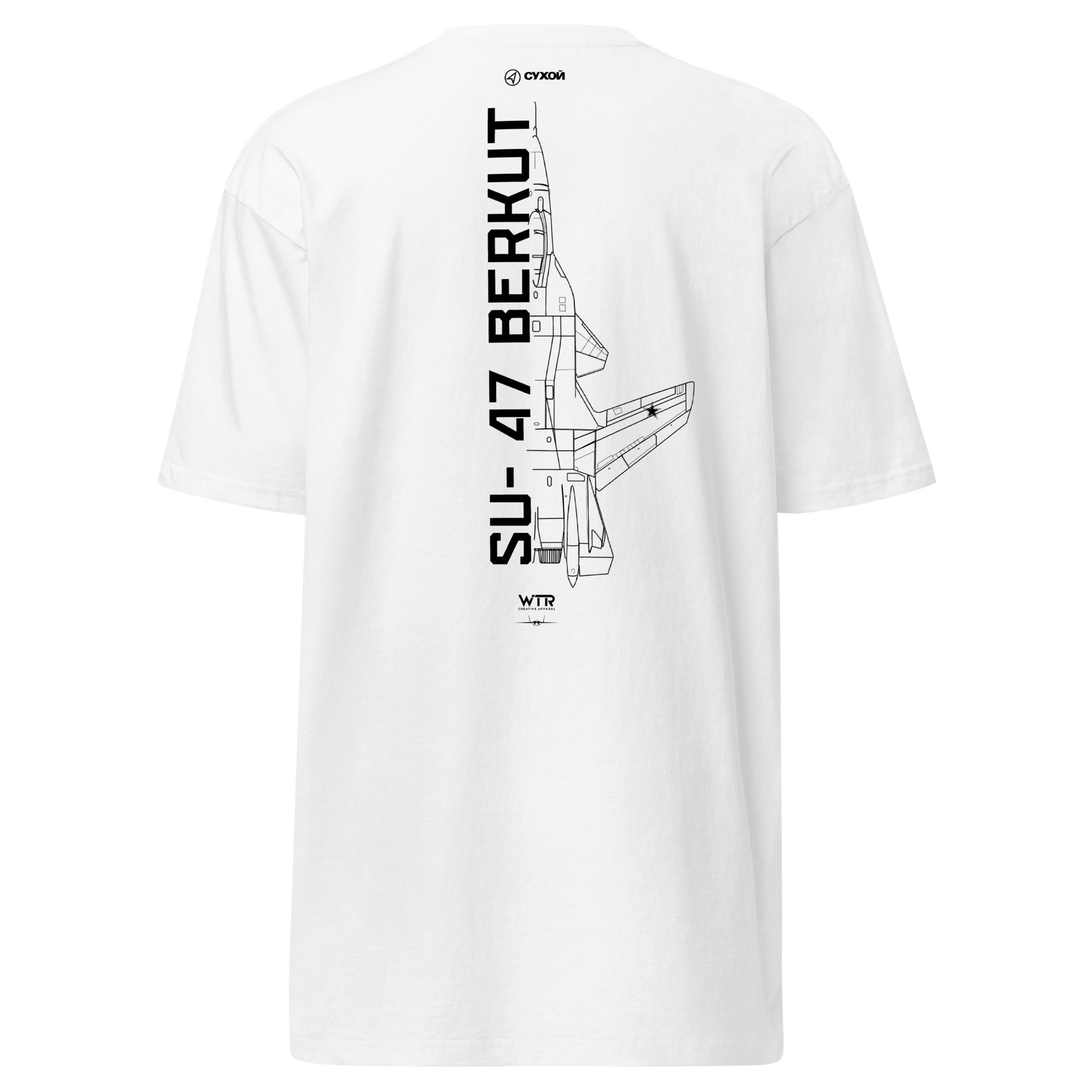 Hand-drawn technical schematic of the Sukhoi SU-47 Berkut Golden Eagle forward-swept fighter on a premium t-shirt.