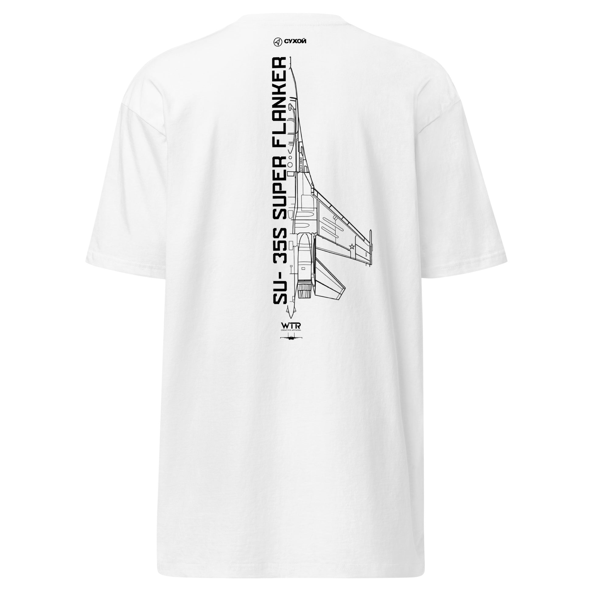 Hand-drawn technical schematic of the Sukhoi SU-35S Super Flanker supermaneuverable fighter on a premium t-shirt.