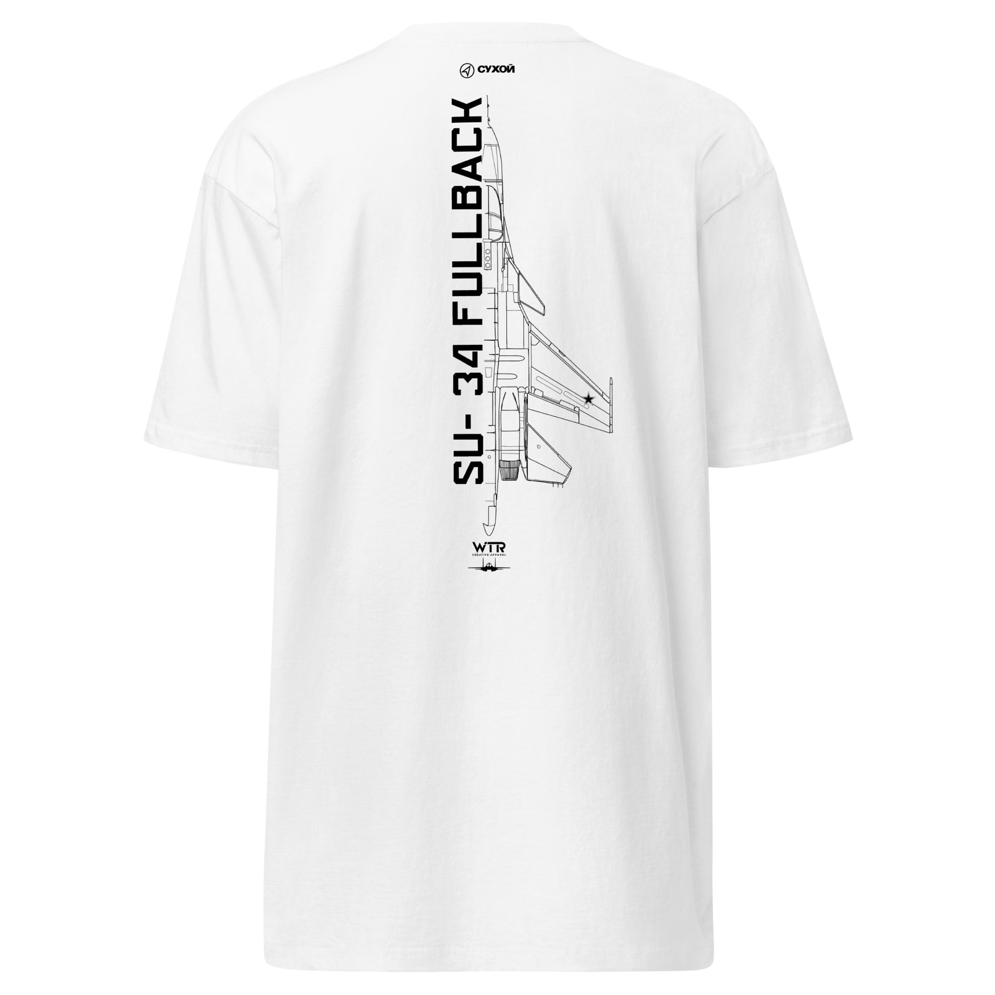 Hand-drawn technical schematic of the Sukhoi SU-34 Fullback fighter-bomber printed on a premium t-shirt.