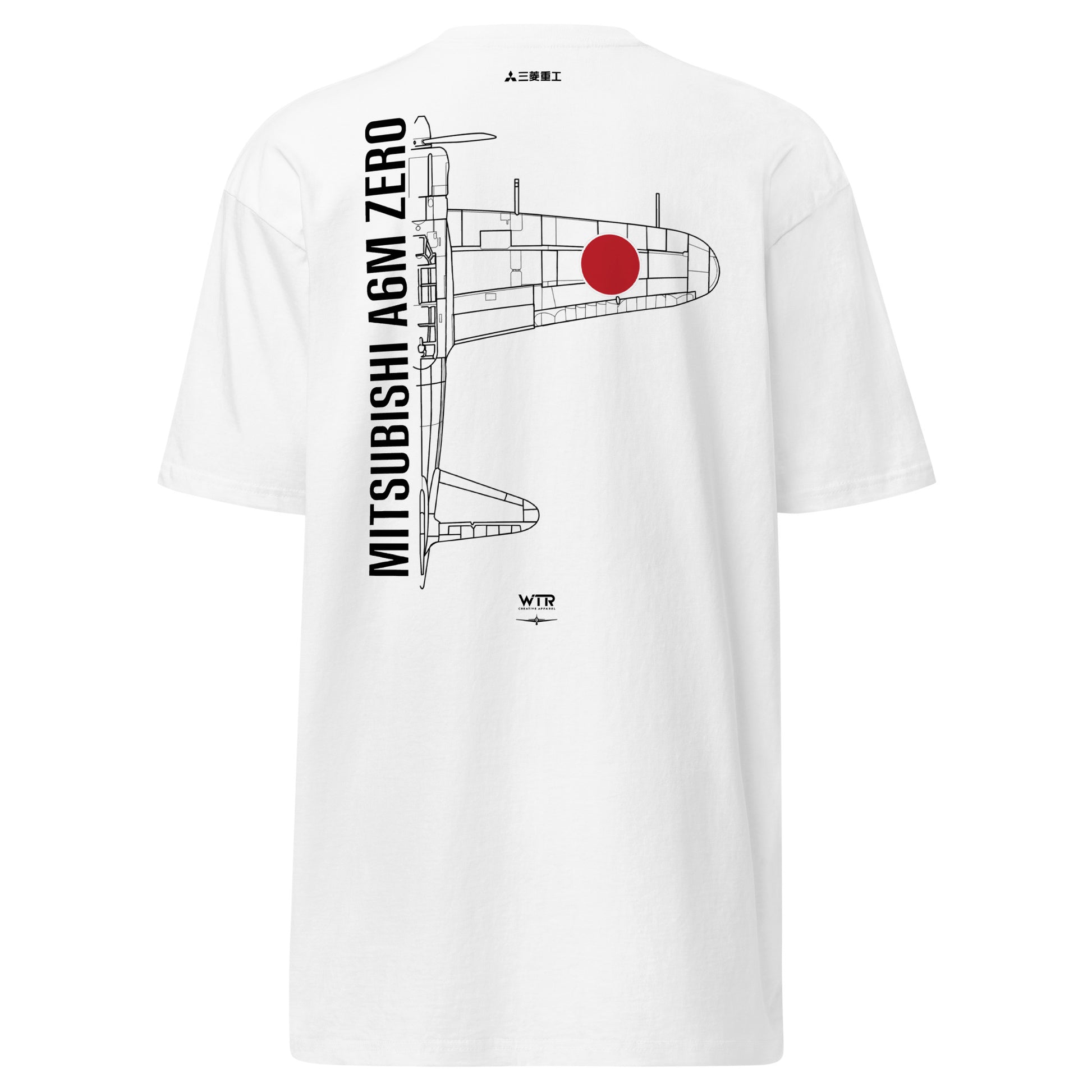 Hand-drawn technical schematic of the Mitsubishi A6M Zero Imperial Japanese Navy WWII fighter on a premium t-shirt.