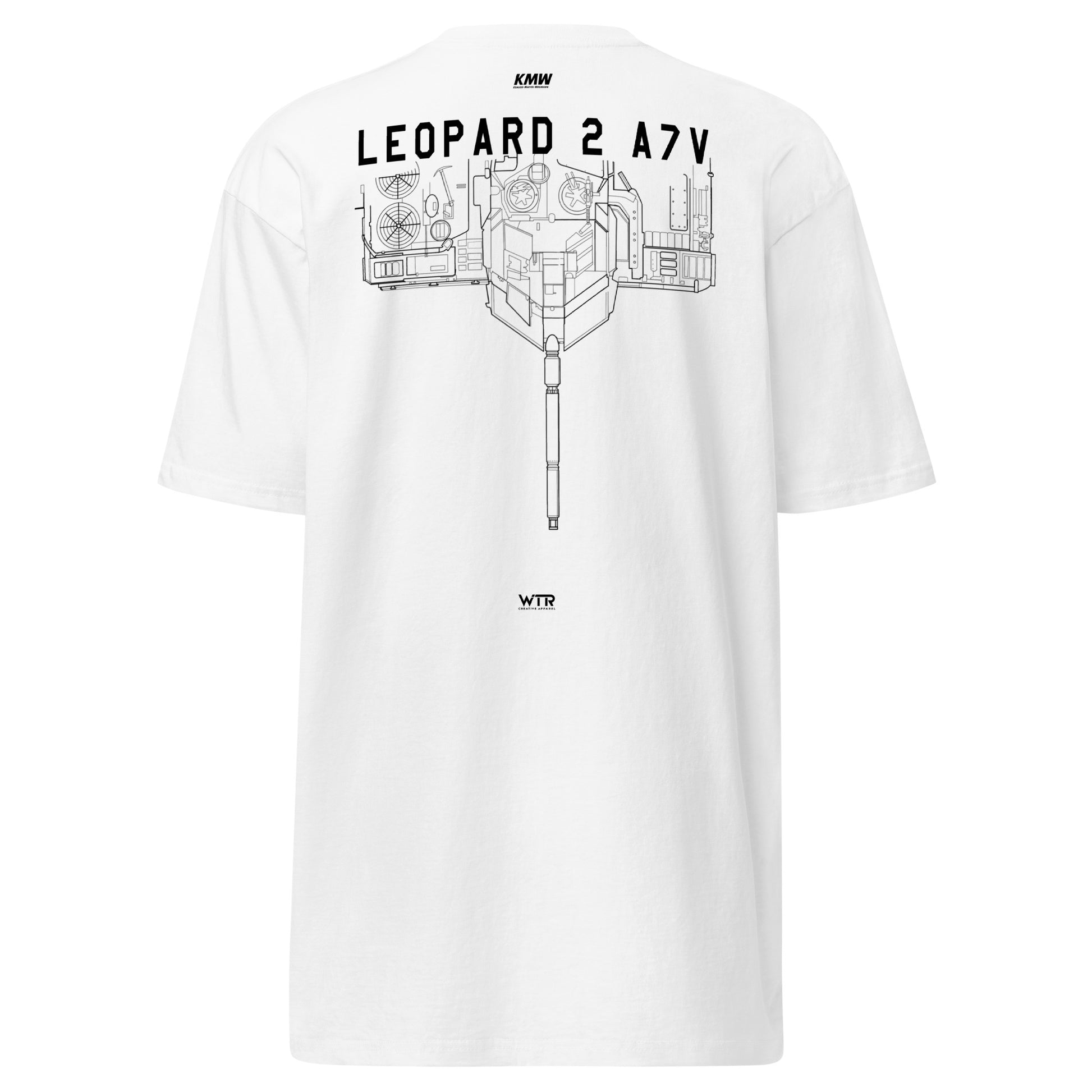 Hand-drawn technical schematic of the Krauss-Maffei Leopard 2 A7V German Main Battle Tank on a premium t-shirt.