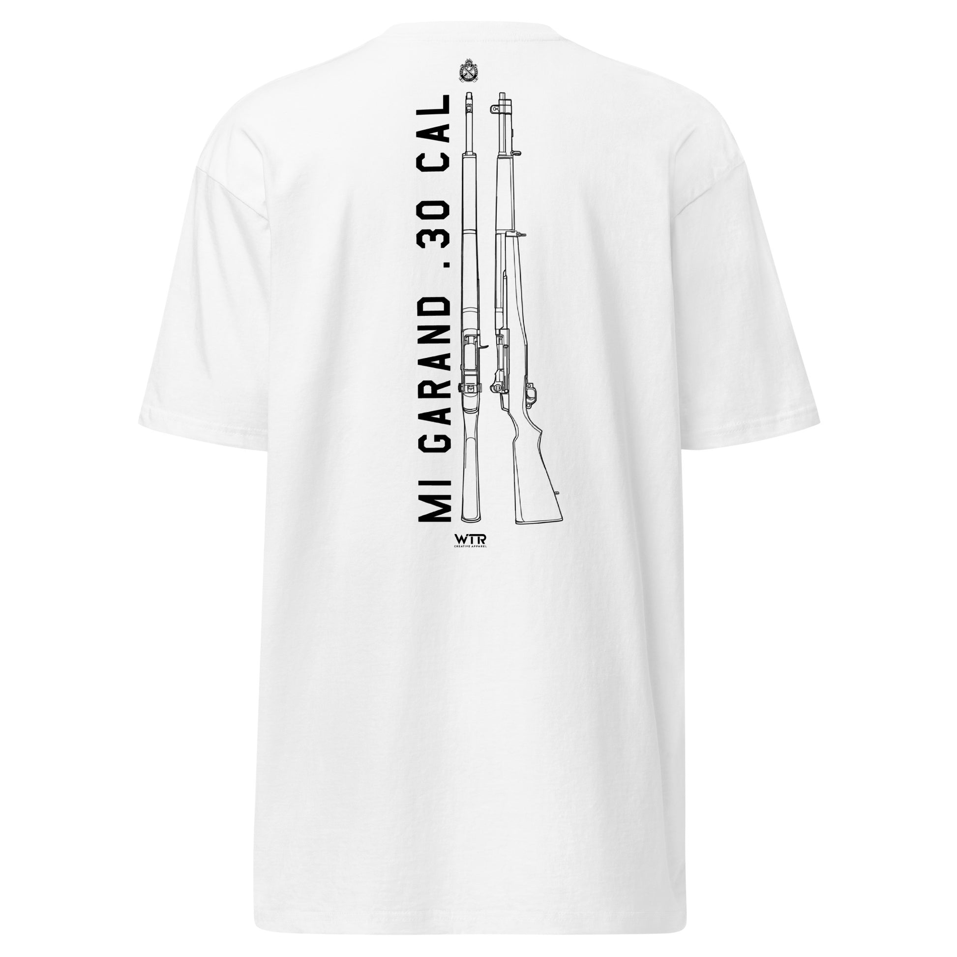 Hand-drawn technical schematic of the Springfield M1 Garand WWII US Infantry rifle printed on a premium t-shirt.