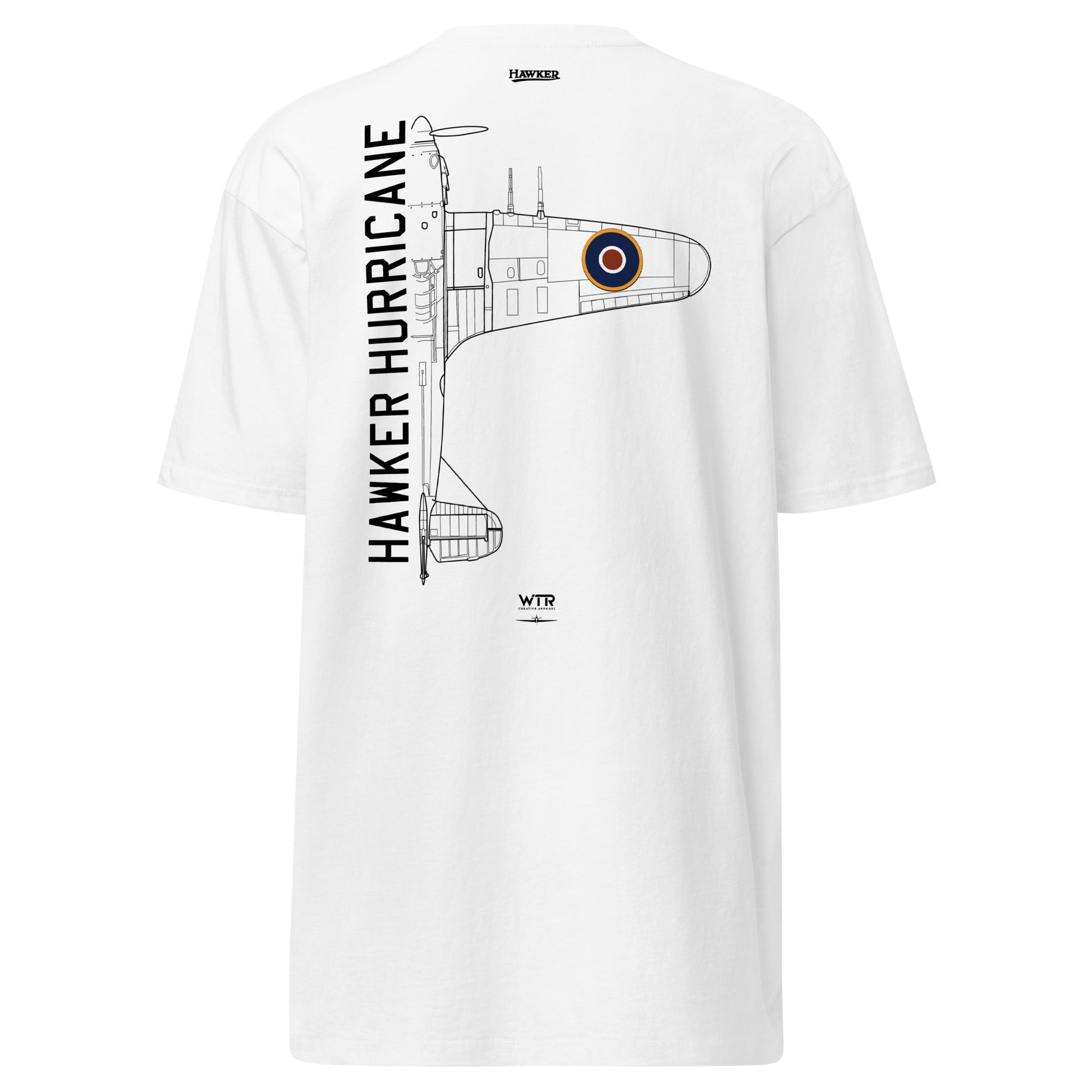 Hand-drawn technical schematic of the Hawker Hurricane WWII RAF Battle of Britain fighter on a premium t-shirt.