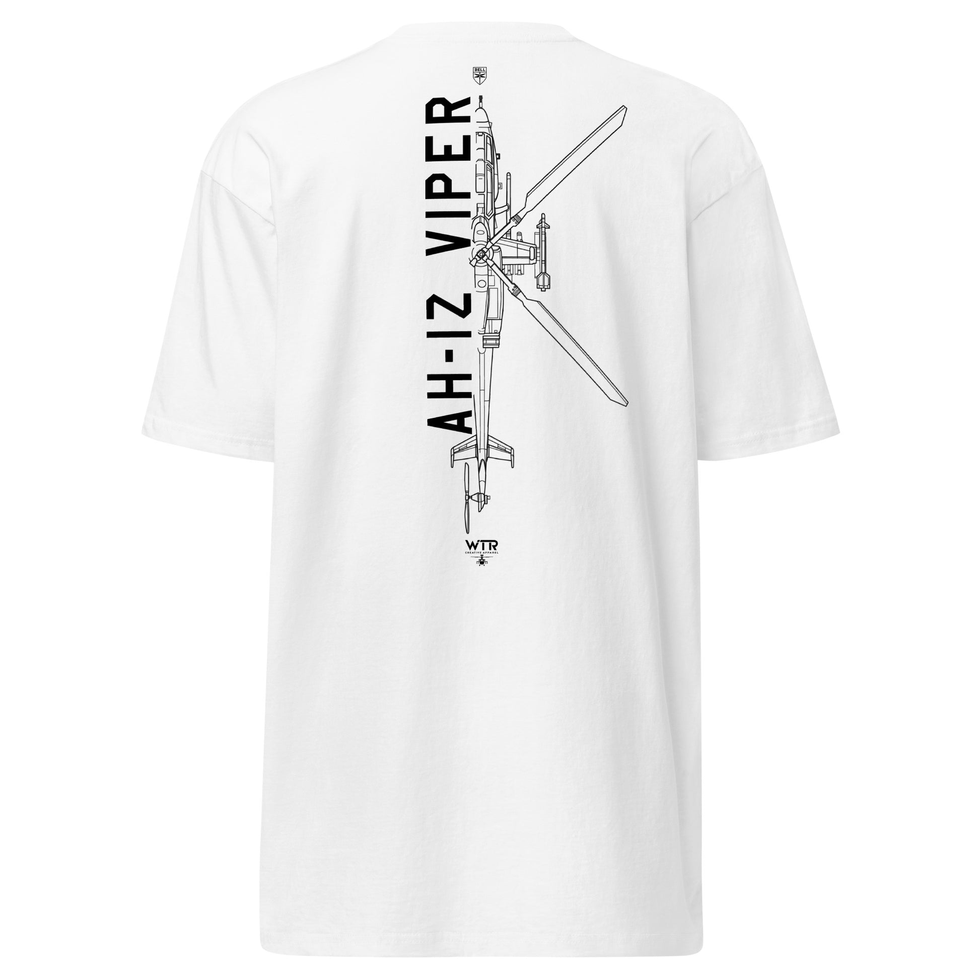 Hand-drawn technical schematic of the Bell AH-1Z Viper attack helicopter printed on a premium t-shirt.