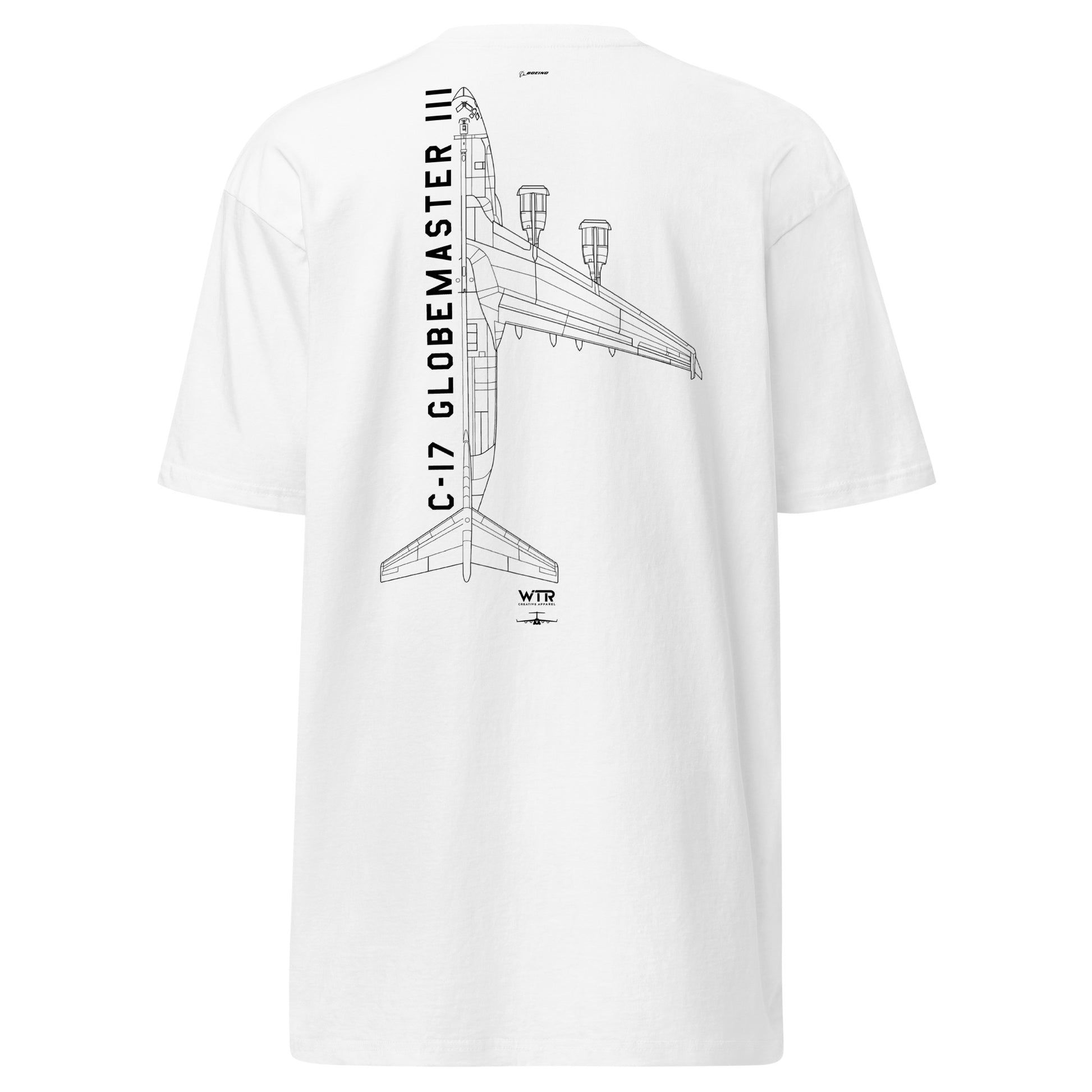 Hand-drawn technical schematic of the Boeing C-17 Globemaster III military transport aircraft on a premium t-shirt.