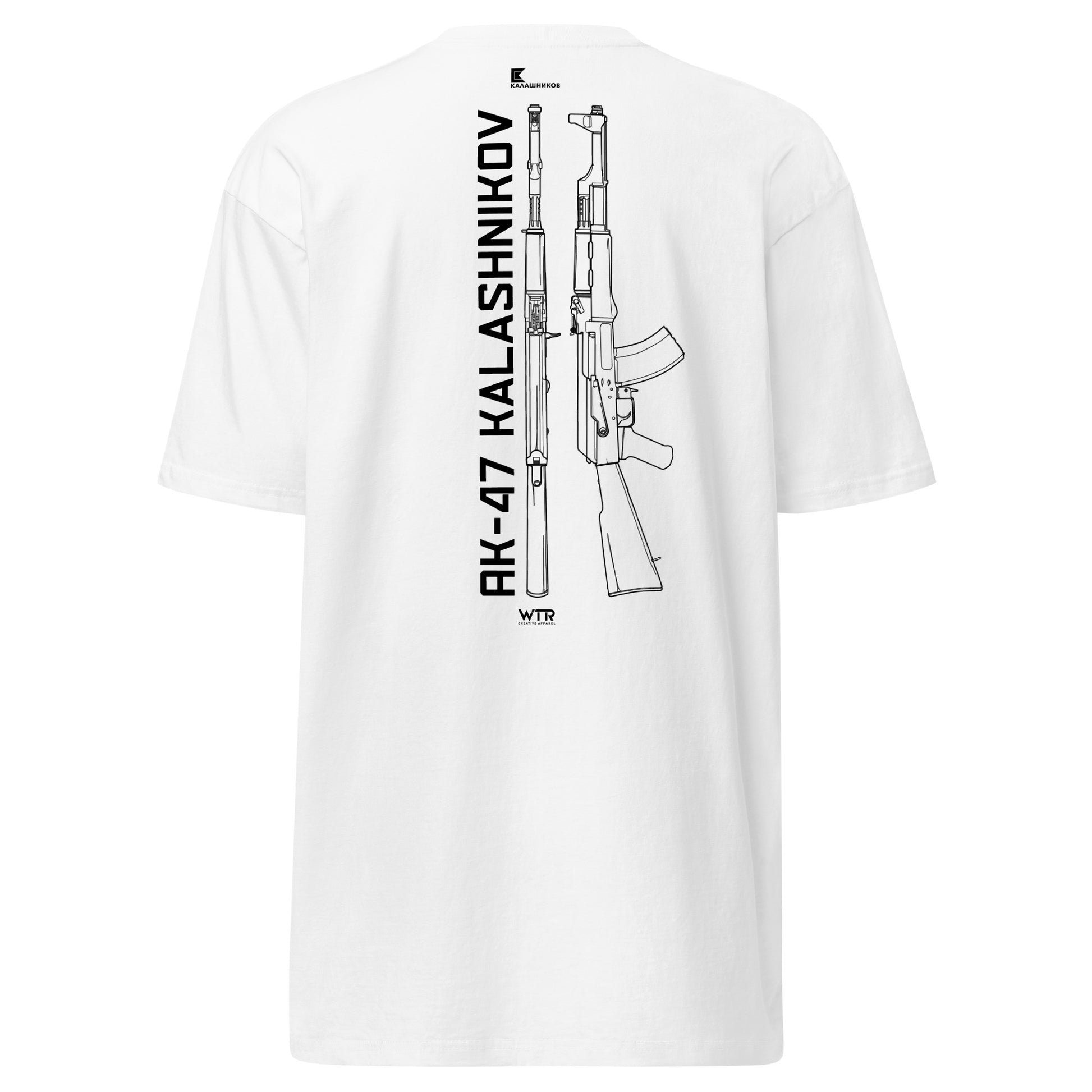 Hand-drawn technical schematic of the AK-47 Kalashnikov rifle firearm icon printed on a premium t-shirt.
