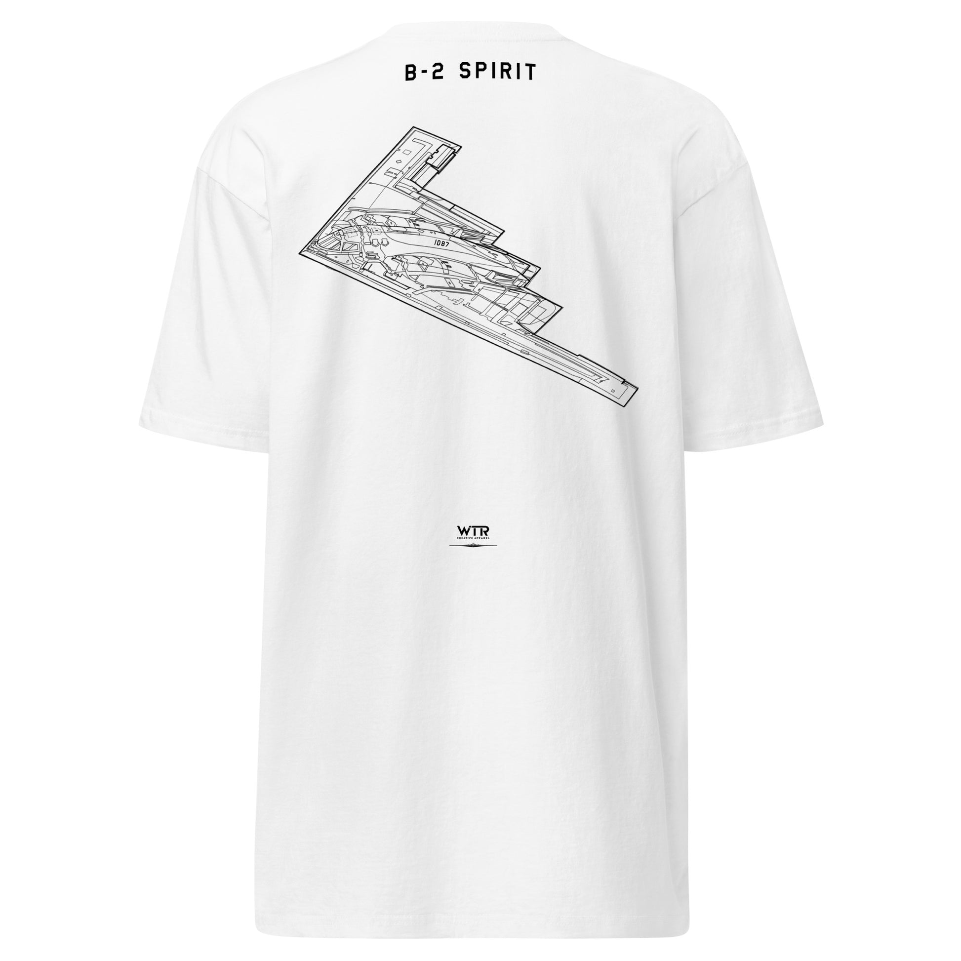 Hand-drawn technical profile of the Northrop Grumman B-2 Spirit stealth bomber special edition on a premium t-shirt.