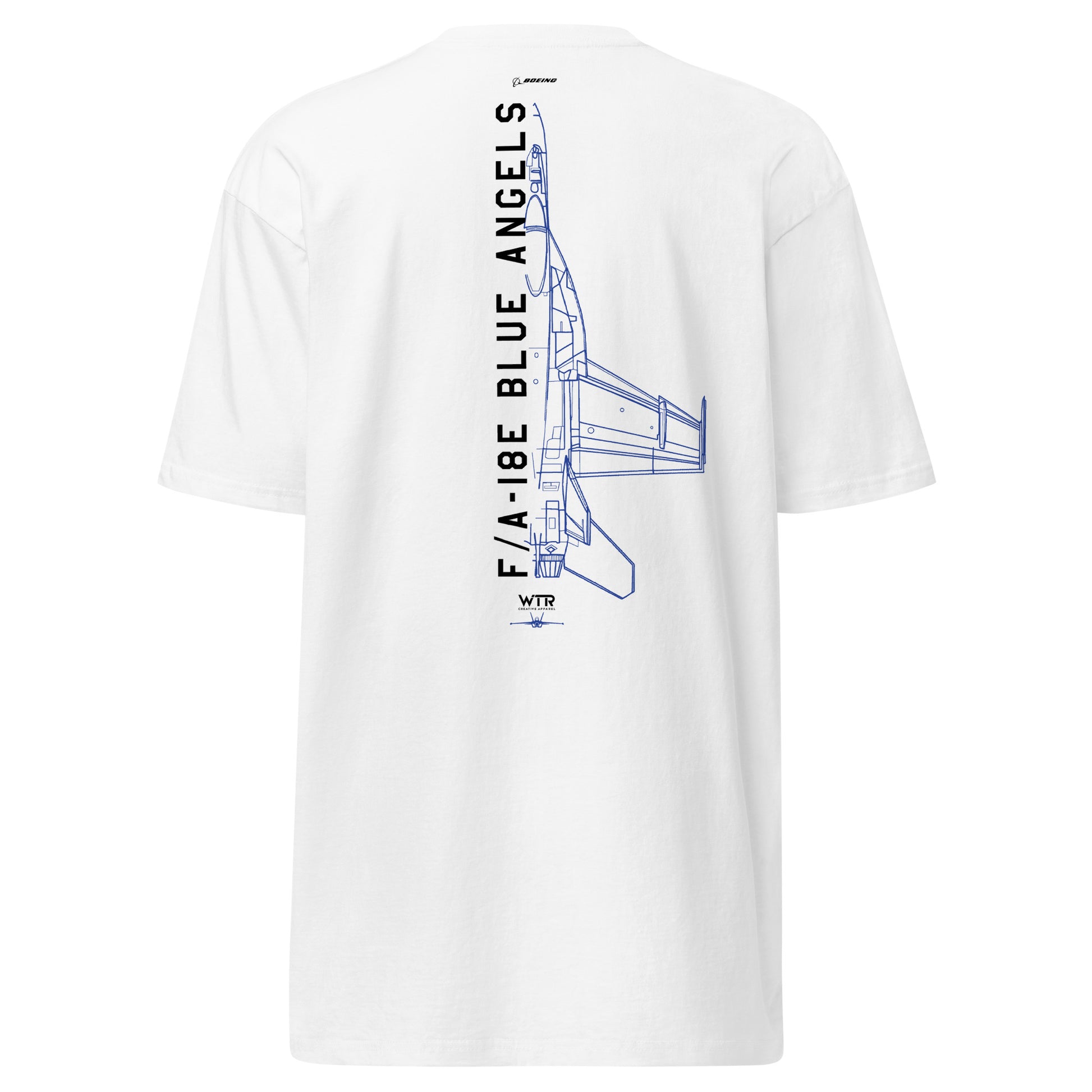 Hand-drawn schematic of the Boeing F/A-18E Super Hornet in Blue Angels flight demonstration livery on a premium t-shirt.