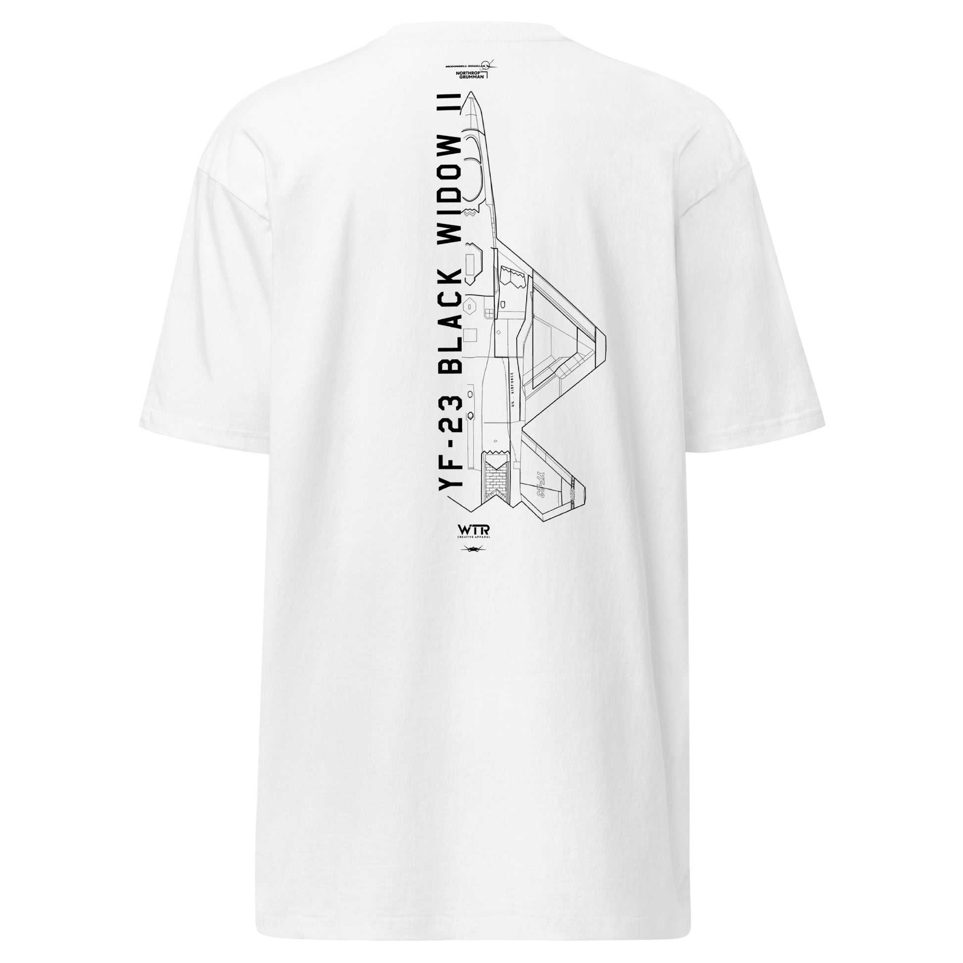 Hand-drawn schematic of the Northrop YF-23 Black Widow II stealth prototype fighter printed on a premium t-shirt.