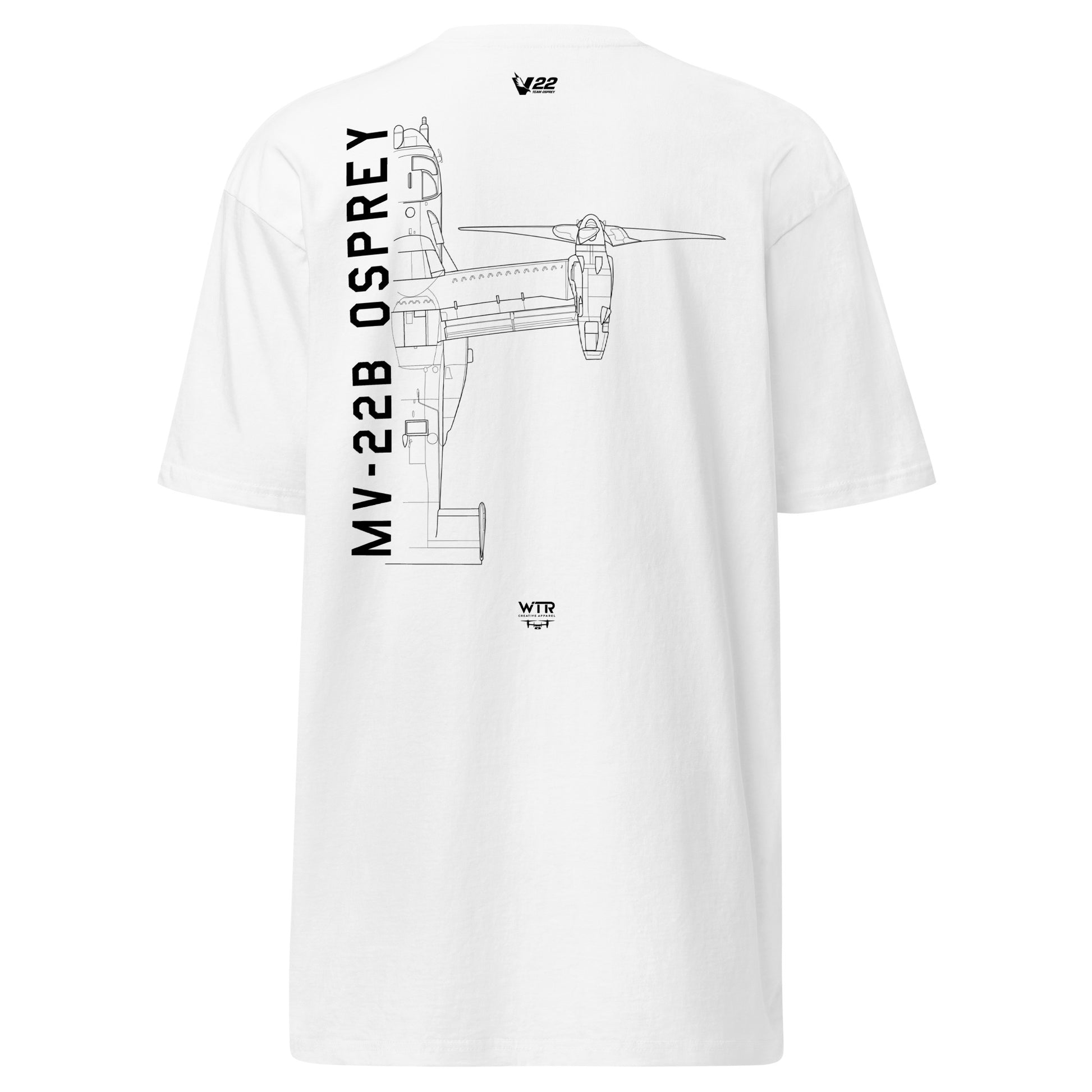 Hand-drawn technical schematic of the Bell Boeing MV-22 Osprey tiltrotor VTOL aircraft on a premium t-shirt.