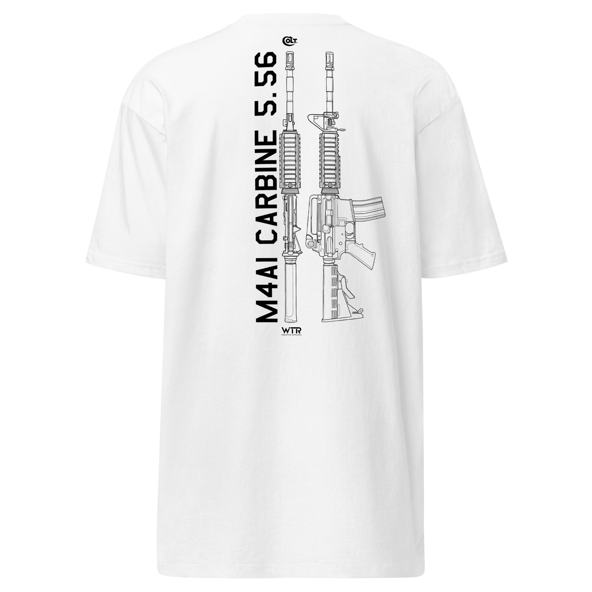 Hand-drawn technical schematic of the Colt M4A1 US Infantry battle rifle printed on a premium t-shirt.