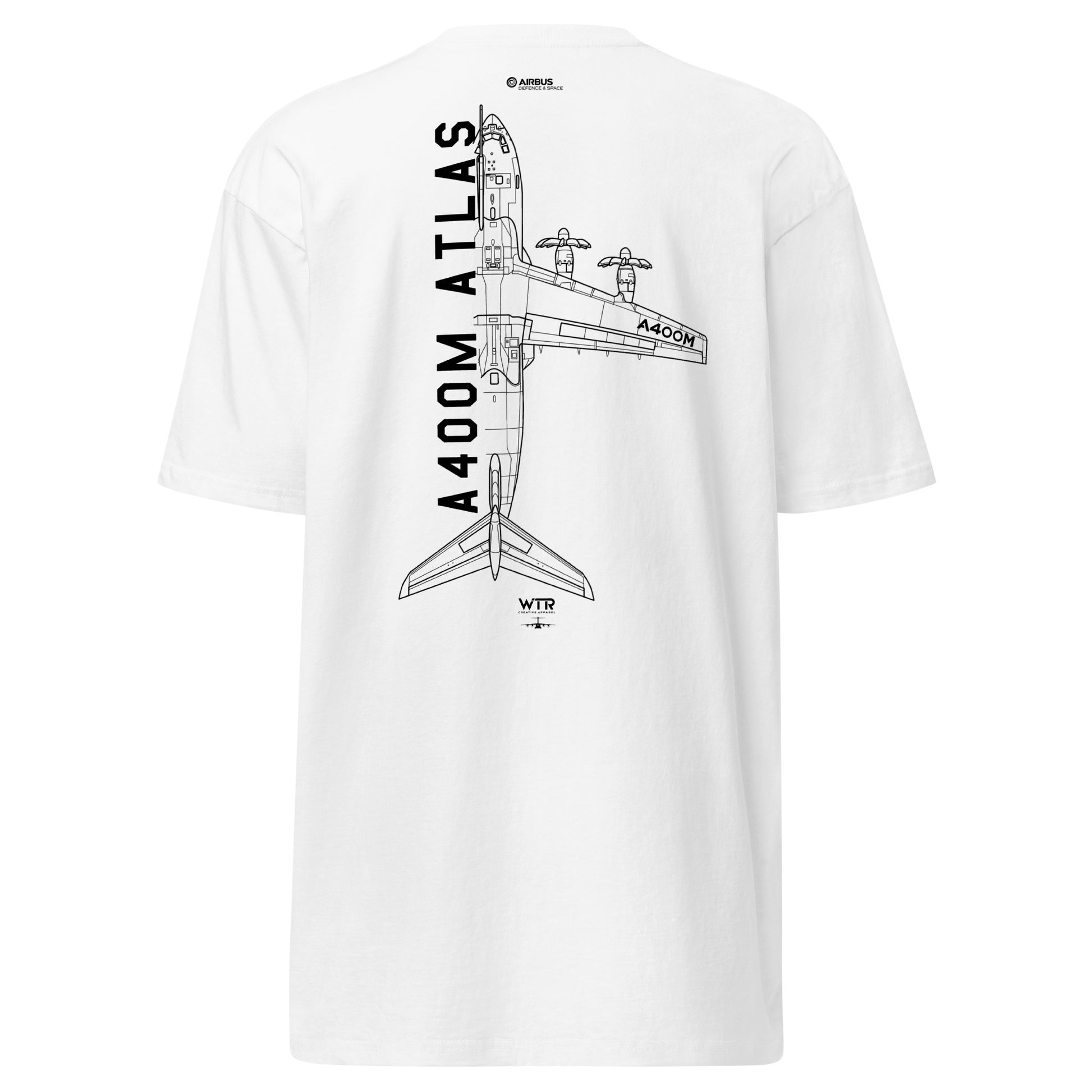 Hand-drawn technical schematic of the Airbus A400M Atlas military transport aircraft printed on a premium t-shirt.
