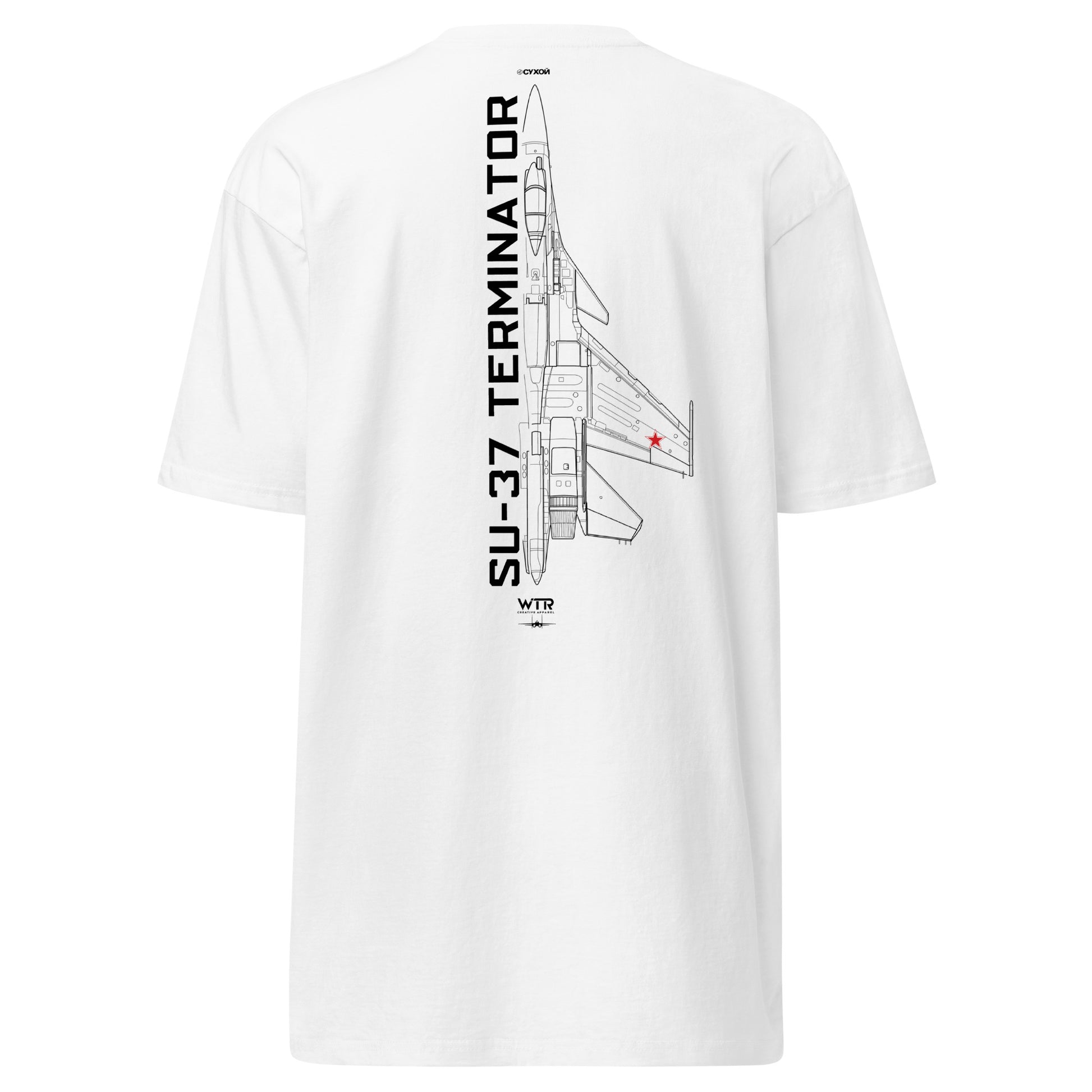 Hand-drawn technical schematic of the Sukhoi SU-37 Terminator air superiority fighter printed on a premium t-shirt.