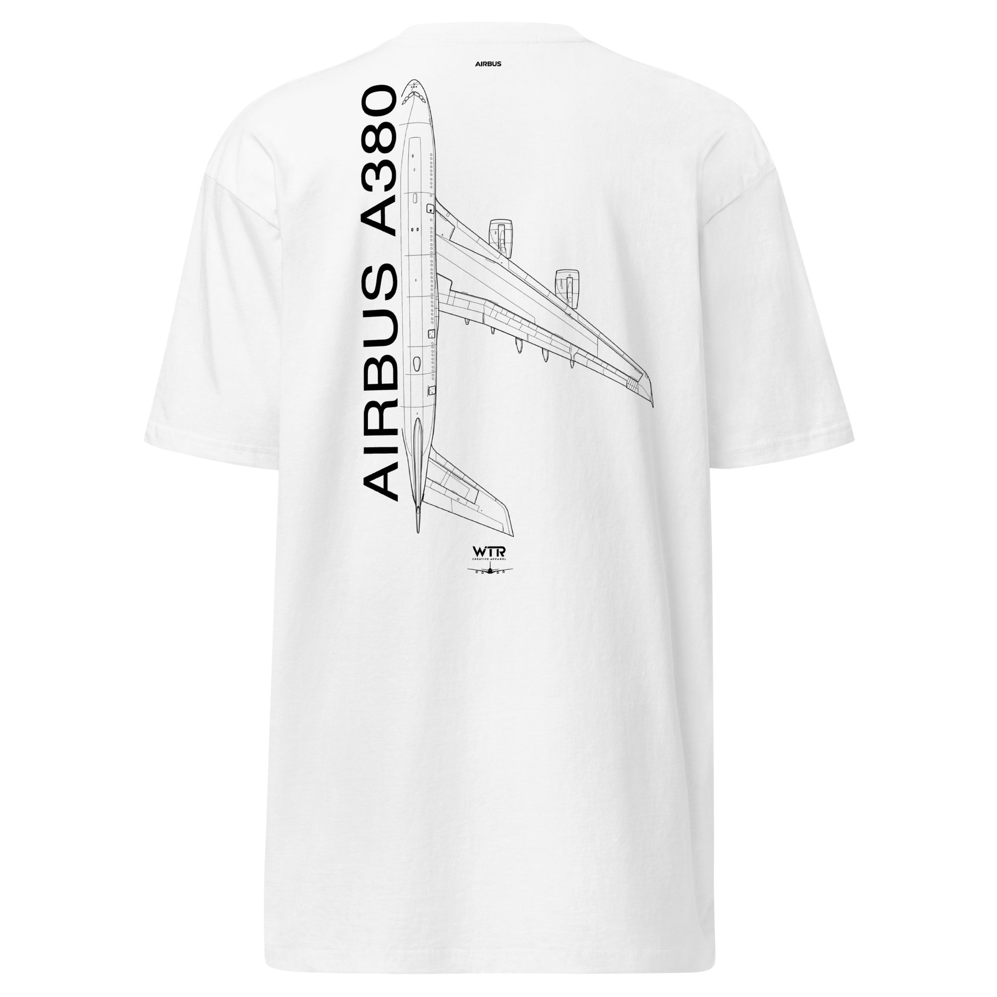 Hand-drawn technical schematic of the Airbus A380 SuperJumbo passenger airliner printed on a premium t-shirt.
