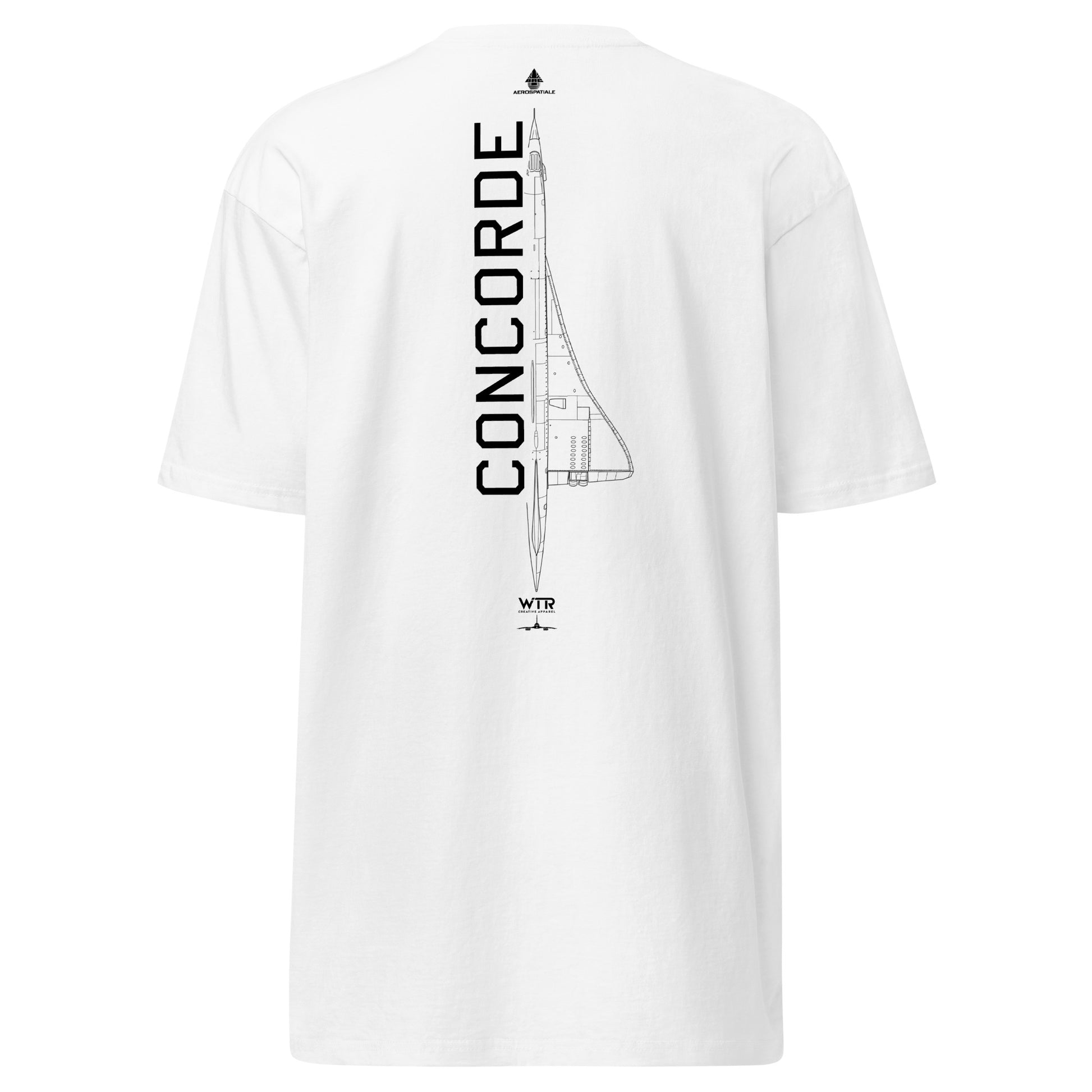 Hand-drawn technical schematic of the Aérospatiale / BAC Concorde supersonic airliner on a premium t-shirt.
