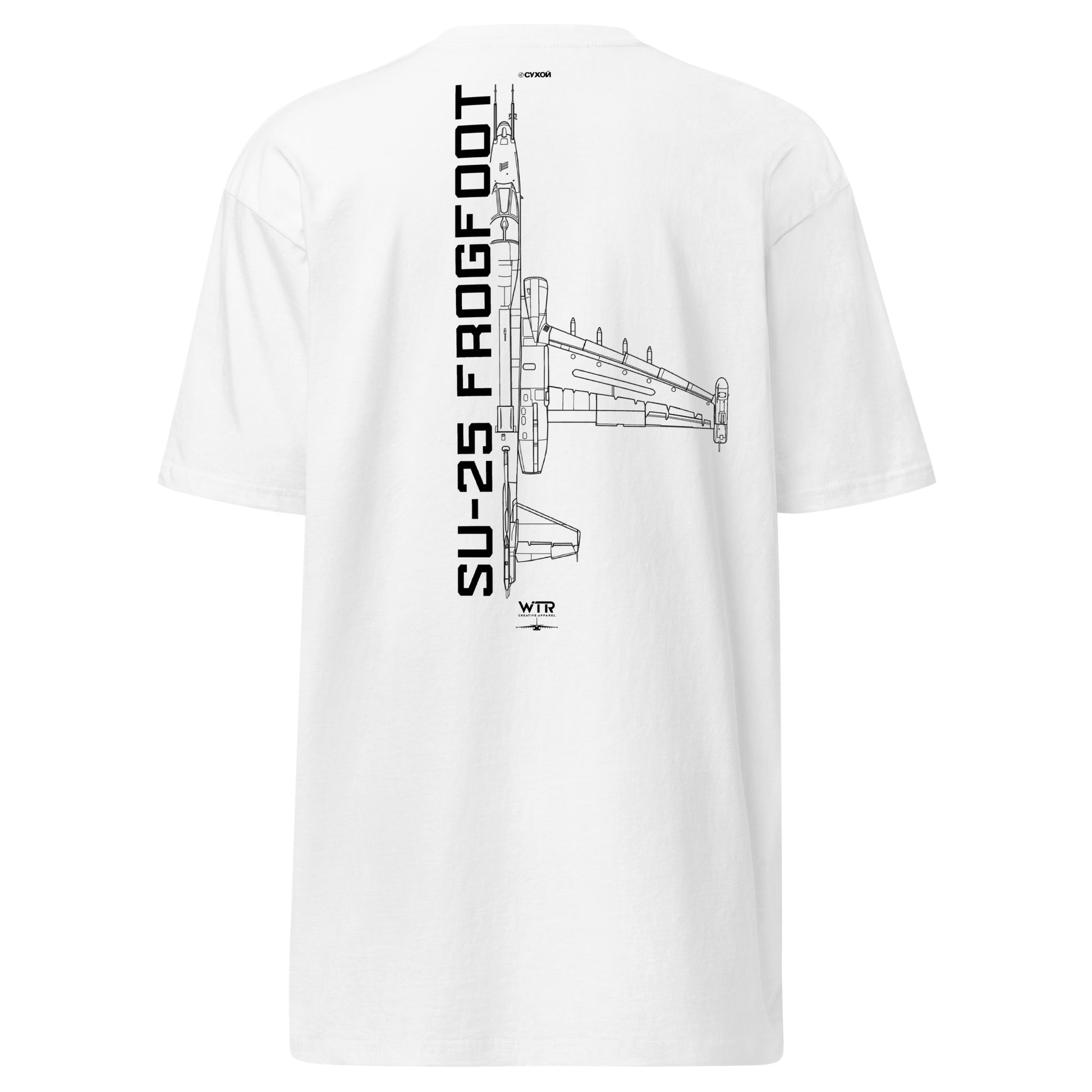 Hand-drawn technical schematic of the Sukhoi SU-25 Frogfoot Grach ground support aircraft on a premium t-shirt.