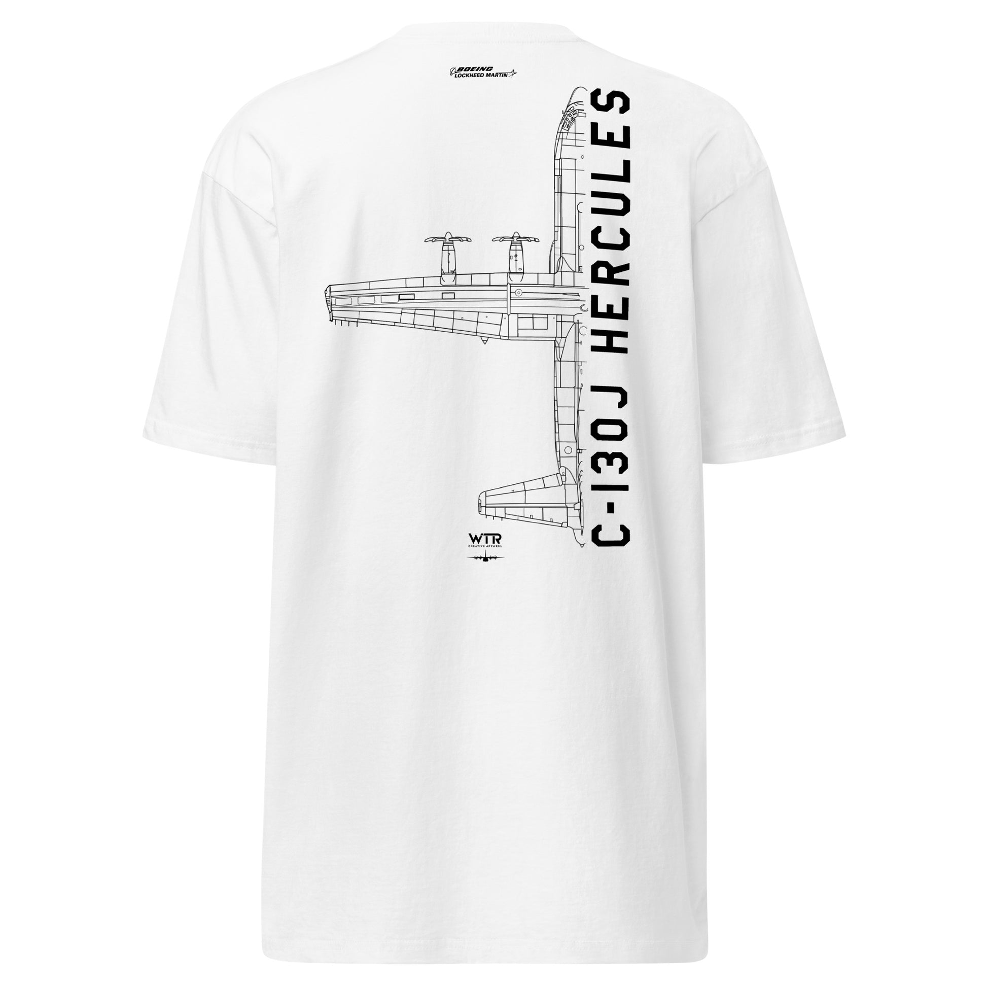 Hand-drawn technical schematic of the Lockheed Martin C-130J Hercules military transport aircraft on a premium t-shirt.