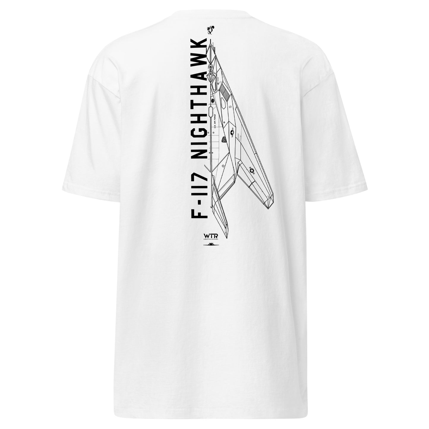 LOCKHEED MARTIN SKUNK WORKS F-117 NIGHTHAWK — hand-drawn ATTACK AIRCRAFT artwork printed on heavyweight T-shirt.