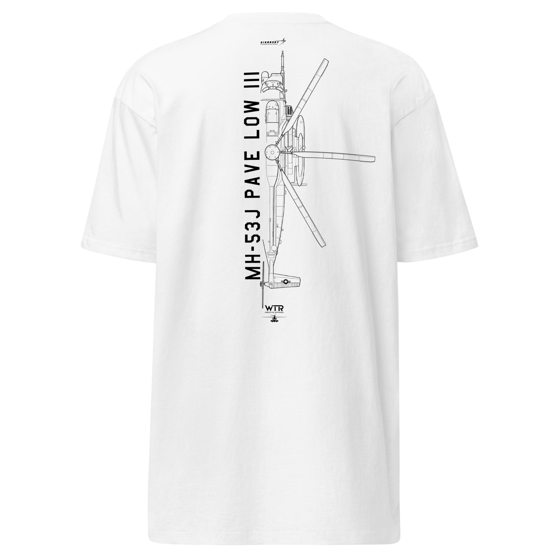 Hand-drawn technical schematic of the Sikorsky MH-53J Pave Low Special Operations helicopter on a premium t-shirt.