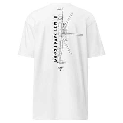 Hand-drawn schematic of the SIKORSKY MH-53J PAVE LOW printed on a heavyweight T-shirt.