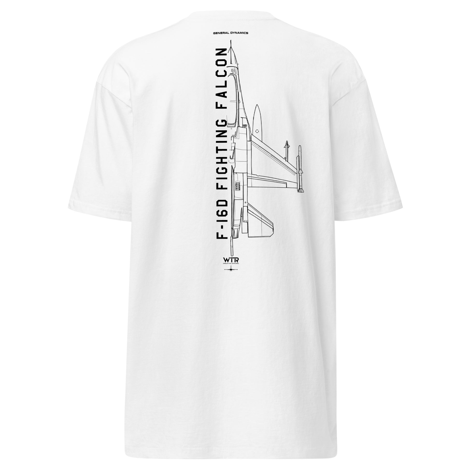 Hand-drawn technical schematic of the General Dynamics F-16D Fighting Falcon Block 52 on a premium t-shirt.