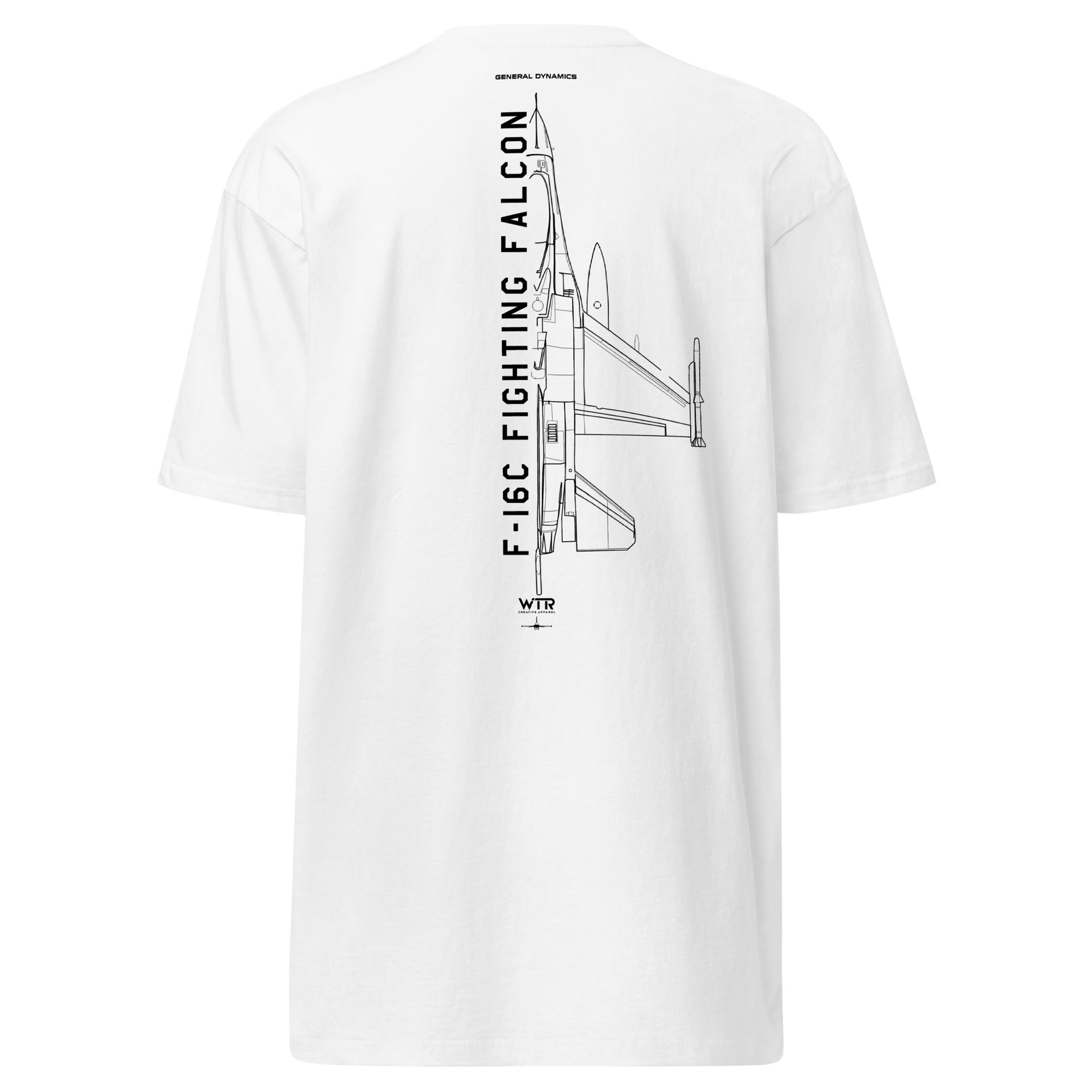 Hand-drawn technical schematic of the General Dynamics F-16C Fighting Falcon Block 52 on a premium t-shirt.