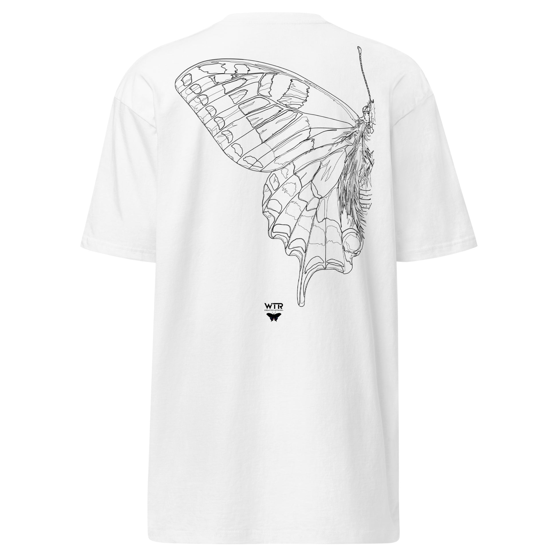 Hand-drawn technical schematic of the Papilio Machaon Old World Swallowtail Butterfly on a premium t-shirt.