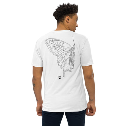 Hand-drawn schematic of the PAPILIO MACHAON OLD WORLD SWALLOWTAIL BUTTERFLY printed on a heavyweight T-shirt.