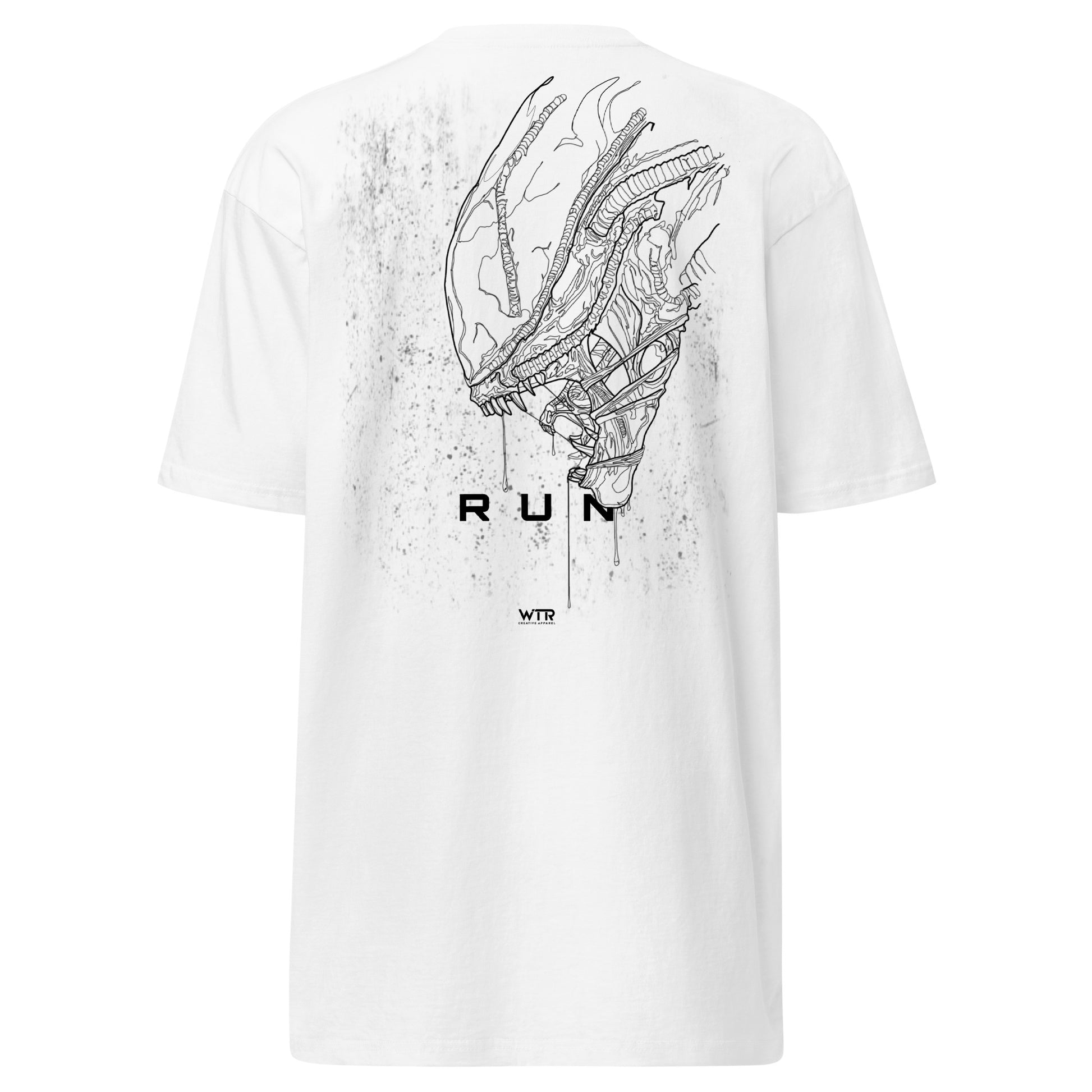 Hand-drawn side profile of an Alien Xenomorph in a technical "Run" sci-fi art style printed on a premium t-shirt.